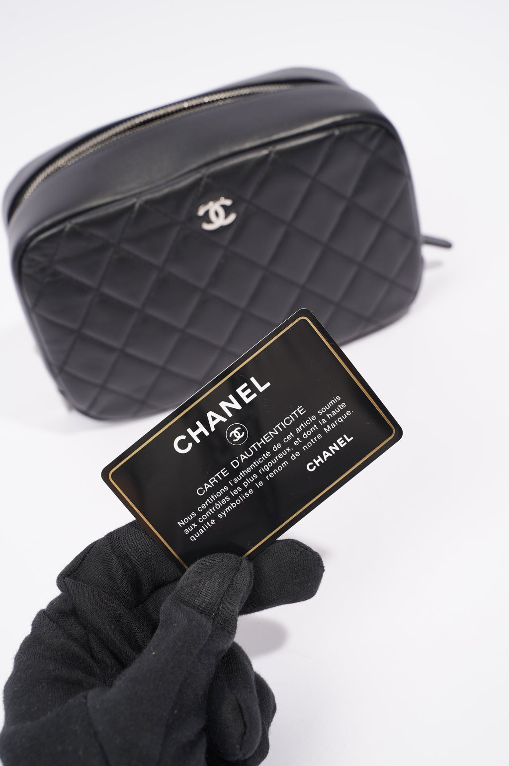 Chanel Womens Lambskin O Case Zip Around Cosmetic Case Black