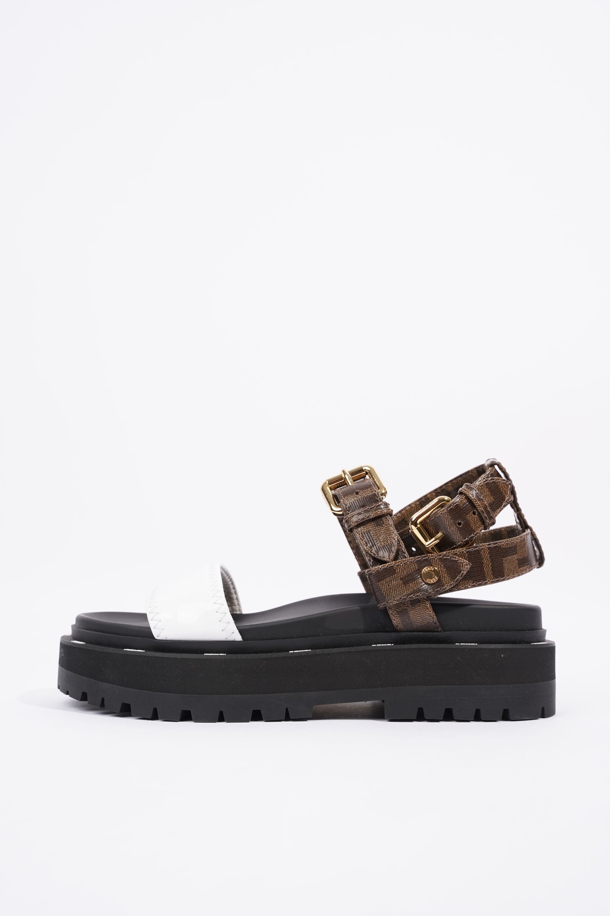 Fendi Womens F Frame Flatform Sandal Black / Brown / White EU 37 / UK 4