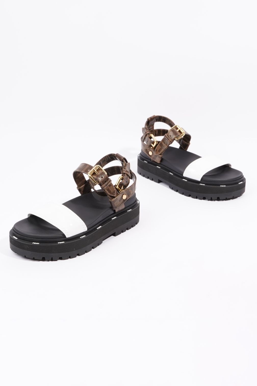 Fendi Womens F Frame Flatform Sandal Black / Brown / White EU 37 / UK 4