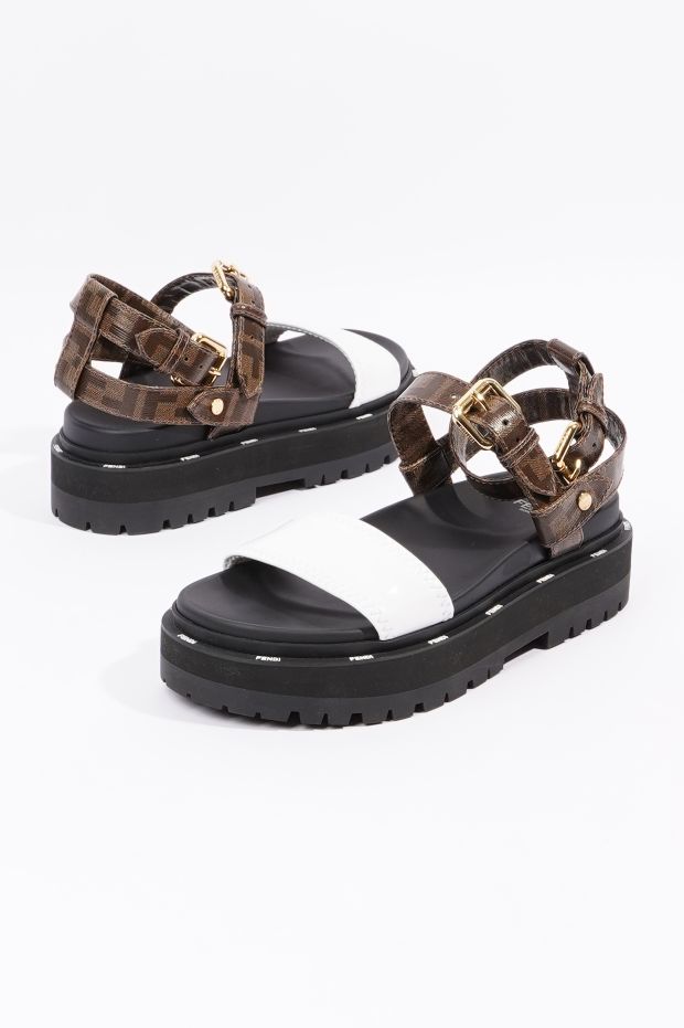 Fendi Womens F Frame Flatform Sandal Black / Brown / White EU 37 / UK 4