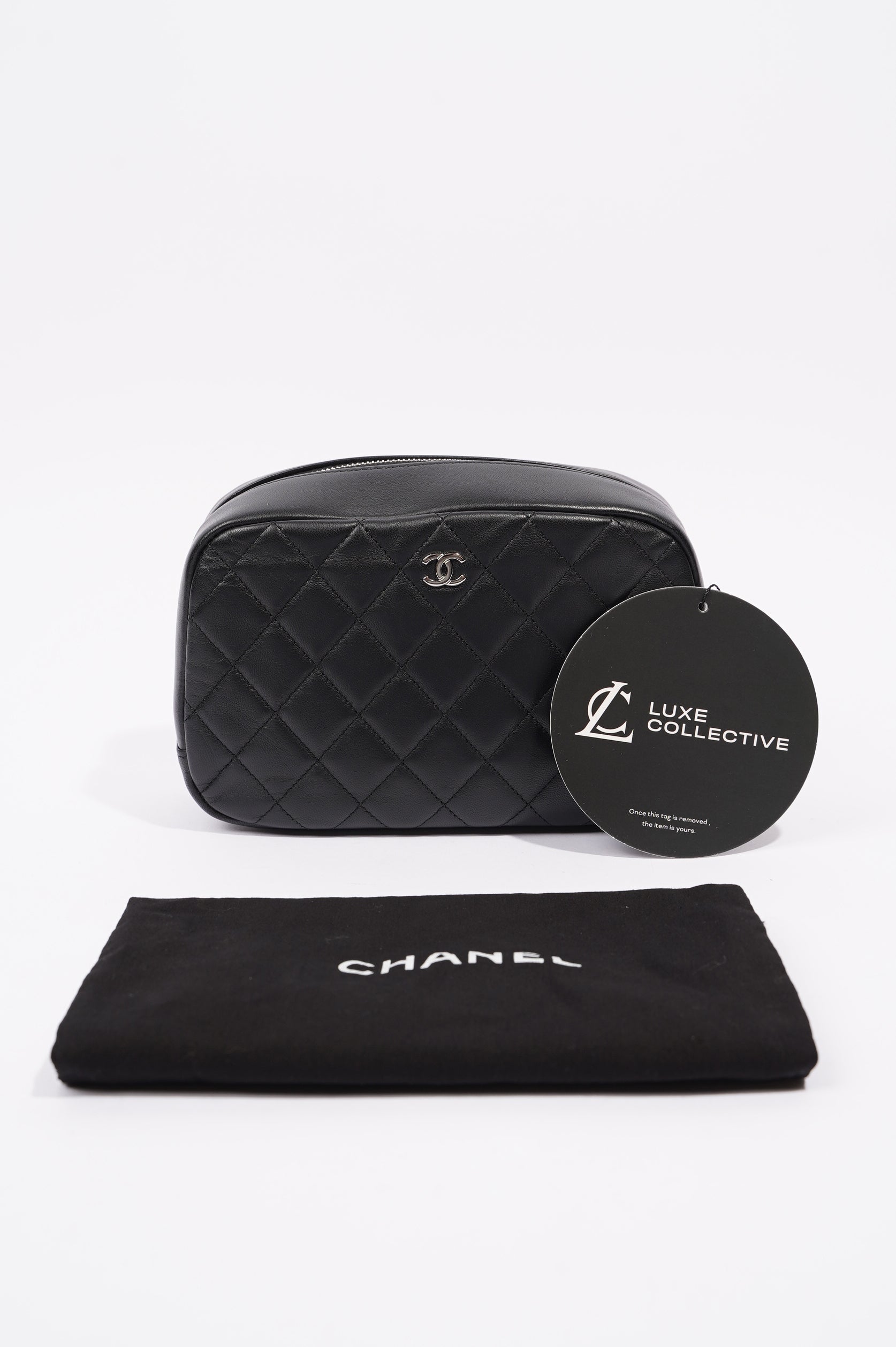 Chanel Womens Lambskin O Case Zip Around Cosmetic Case Black