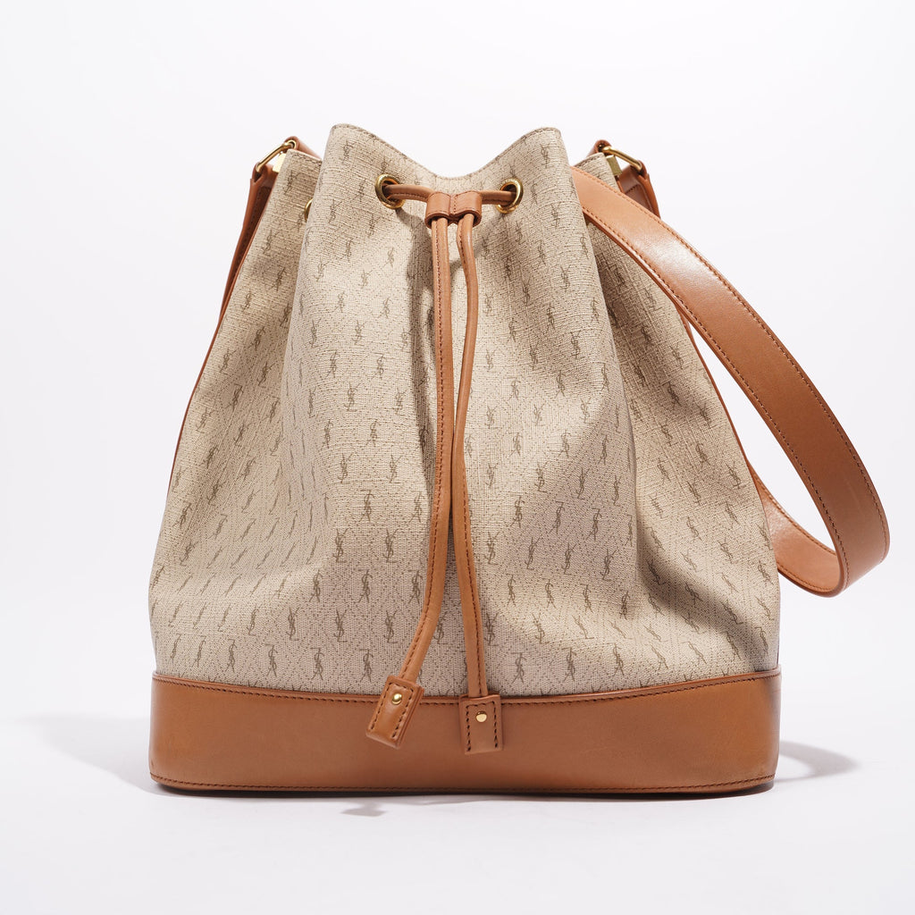 Saint Laurent Womens Bucket Bag Beige / Brown Canvas / Leather