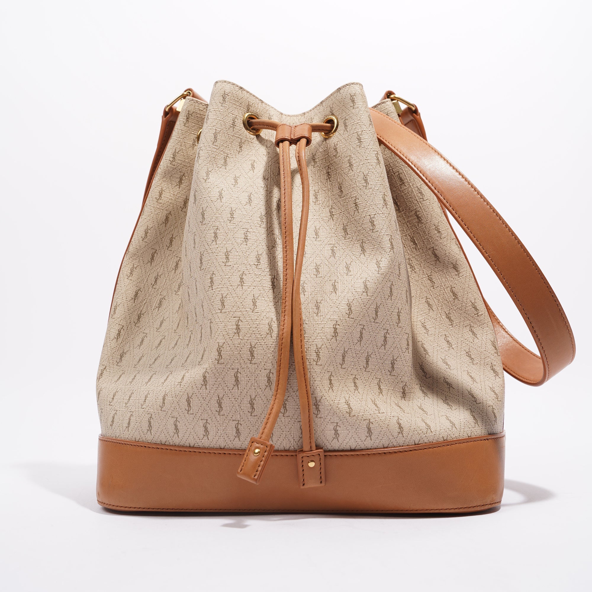 Saint Laurent Womens Bucket Bag Beige / Brown Canvas / Leather