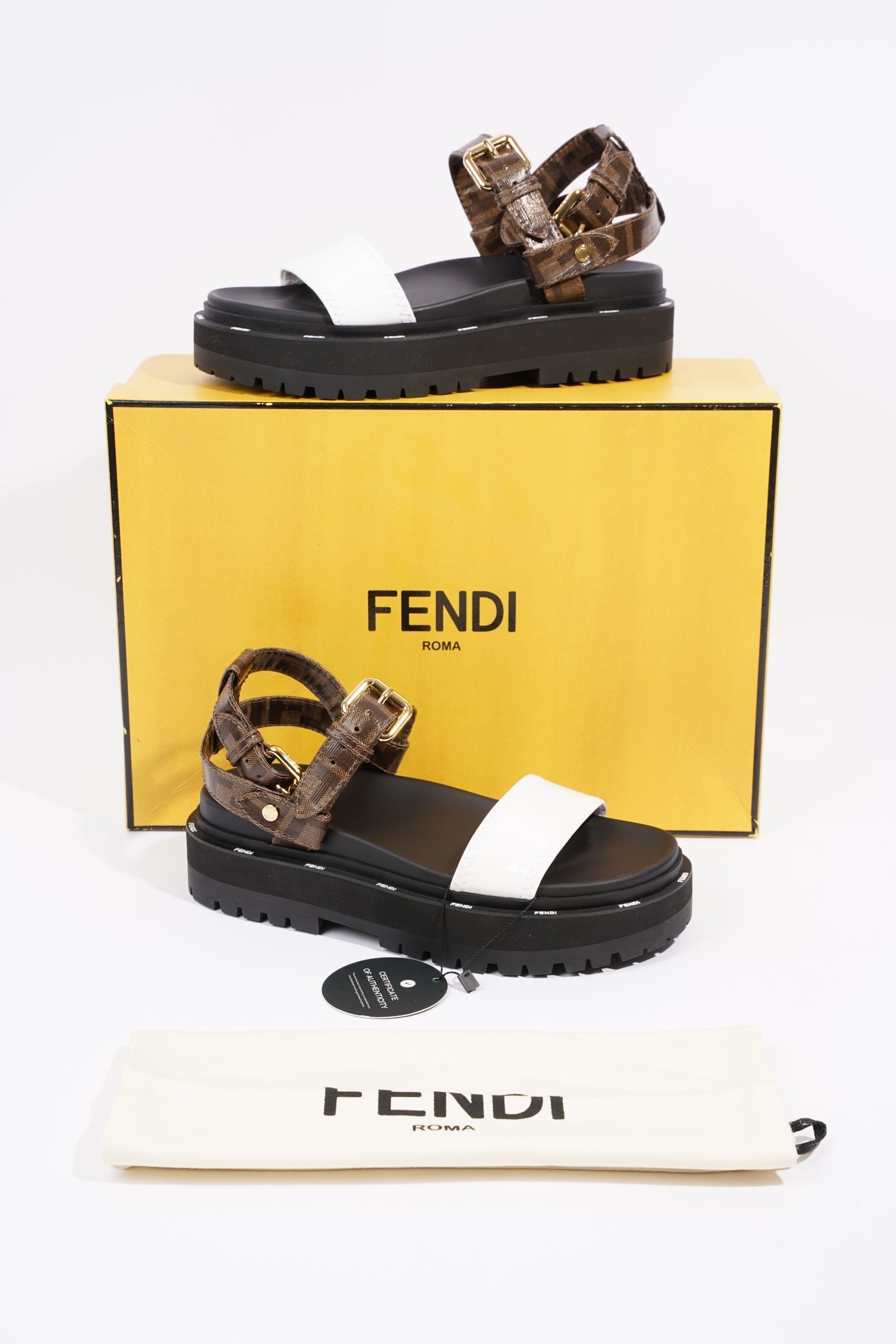 Fendi Womens F Frame Flatform Sandal Black / Brown / White EU 37 / UK 4