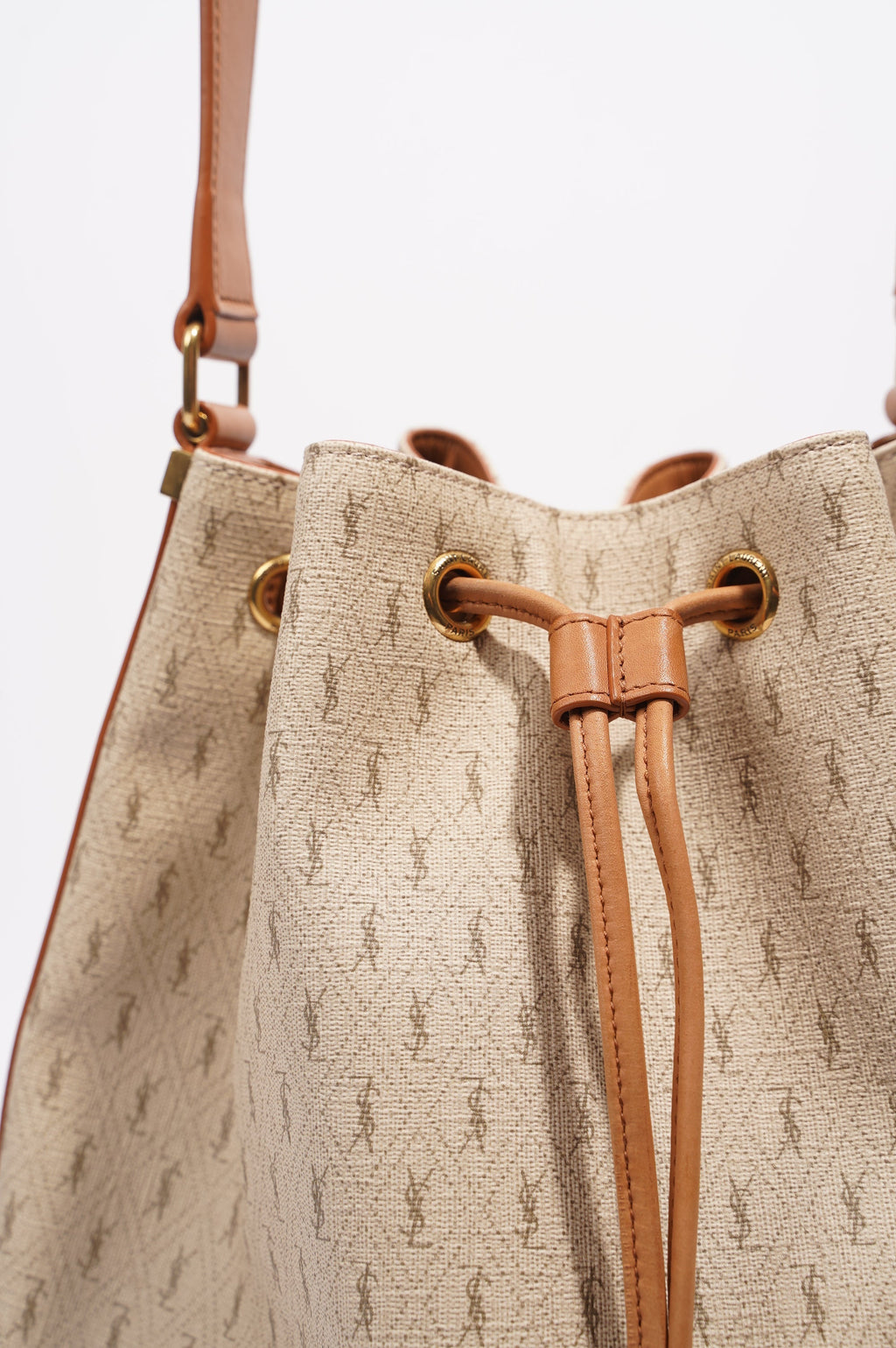 Saint Laurent Womens Bucket Bag Beige / Brown Canvas / Leather