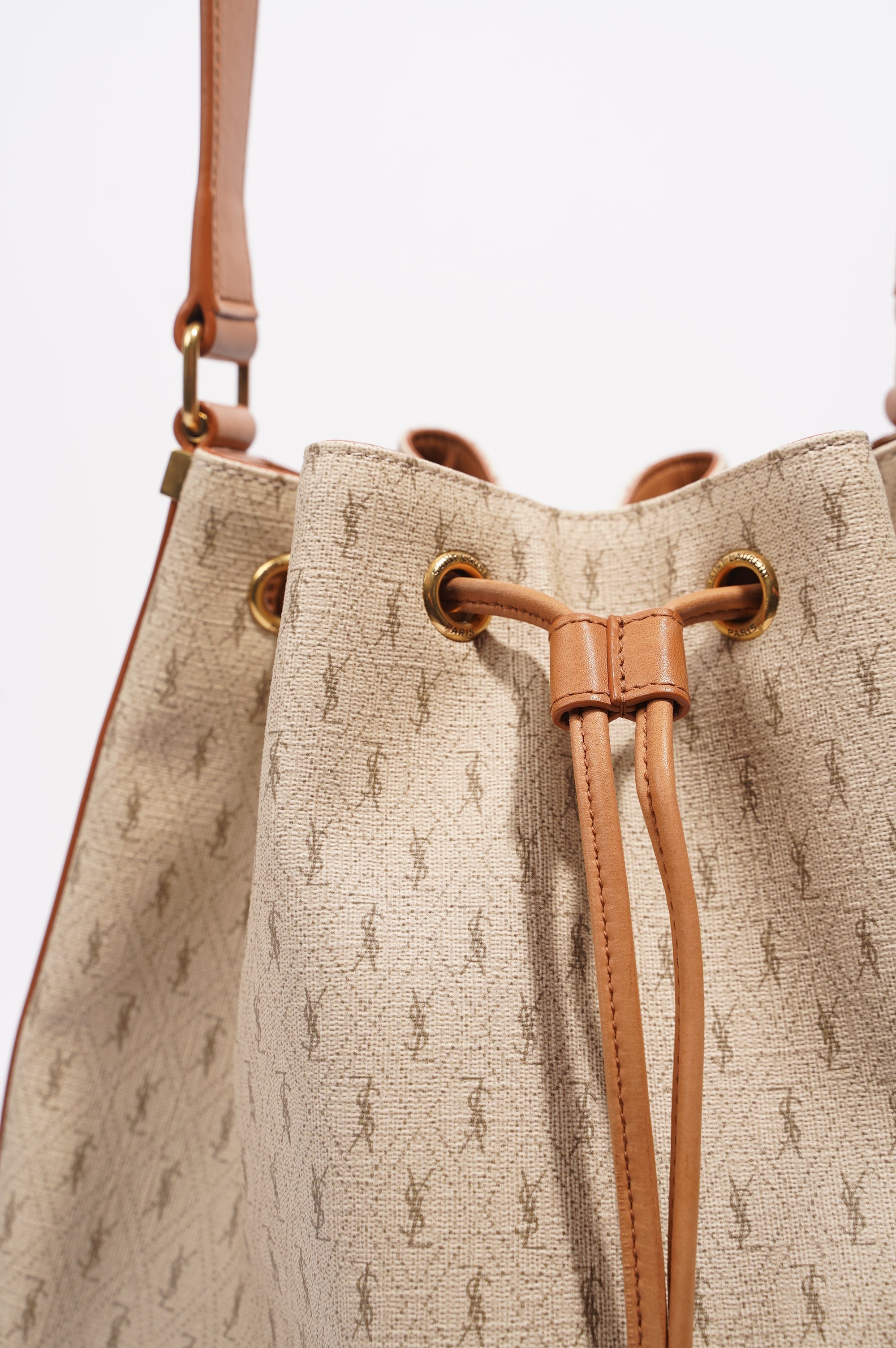 Saint Laurent Womens Bucket Bag Beige / Brown Canvas / Leather