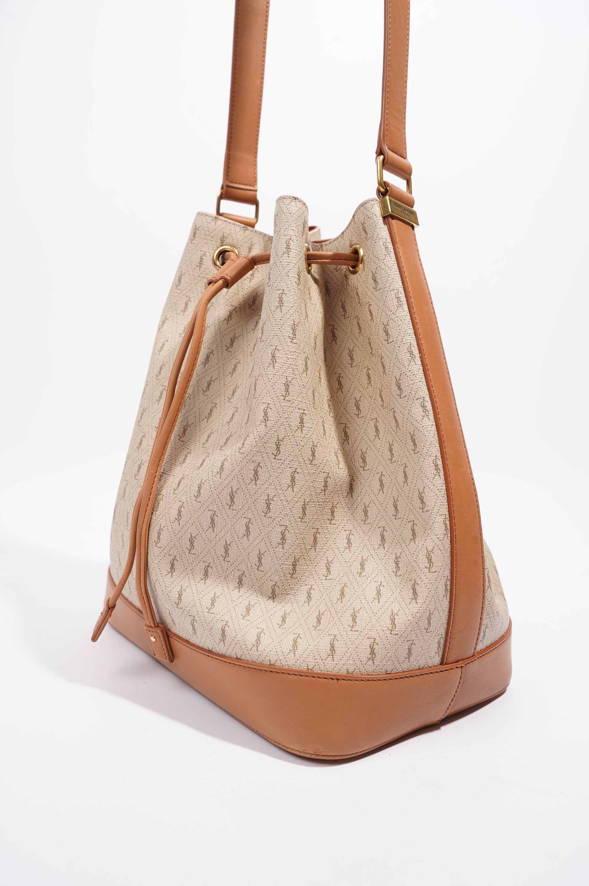 Saint Laurent Womens Bucket Bag Beige / Brown Canvas / Leather