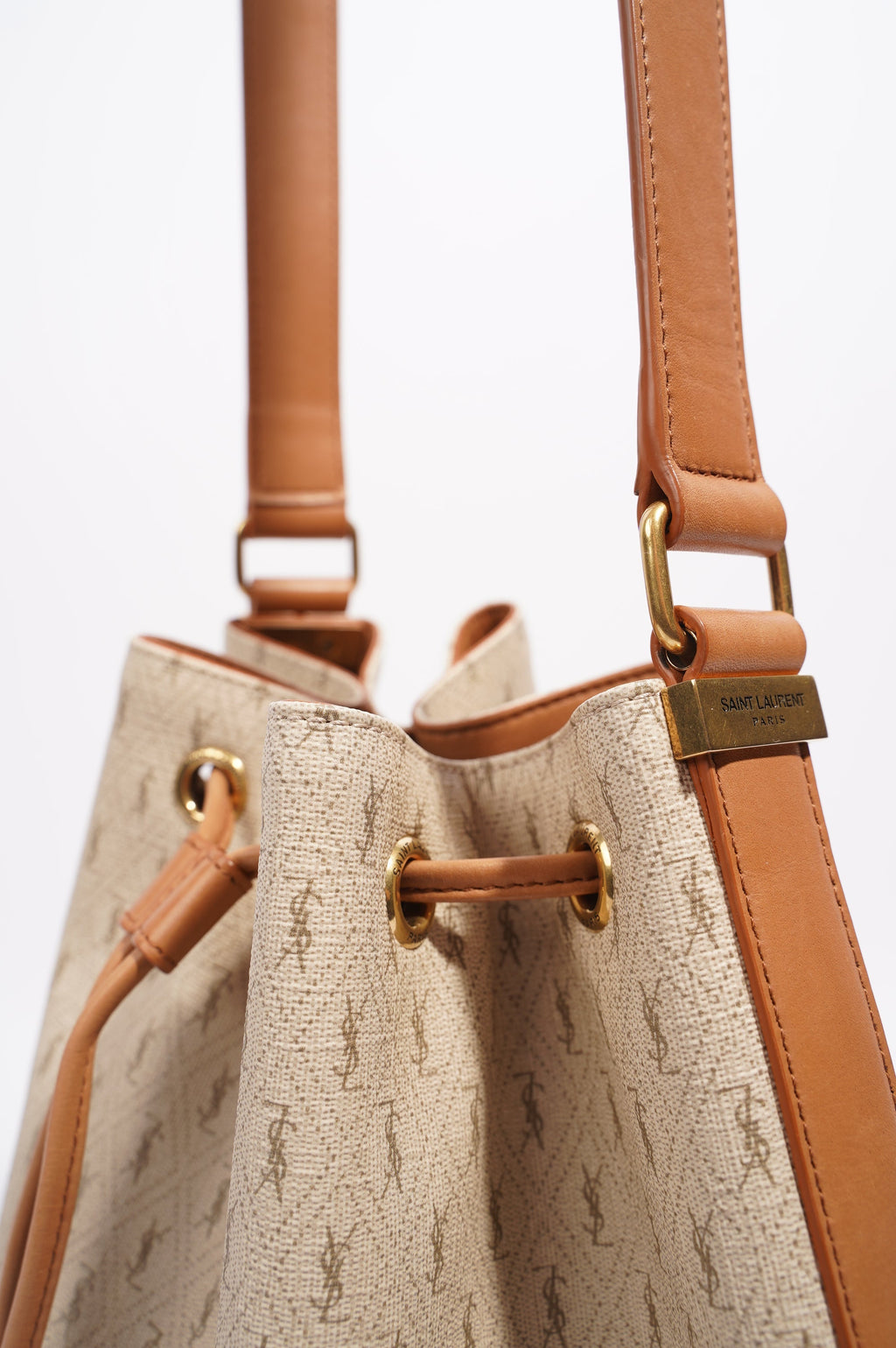 Saint Laurent Womens Bucket Bag Beige / Brown Canvas / Leather