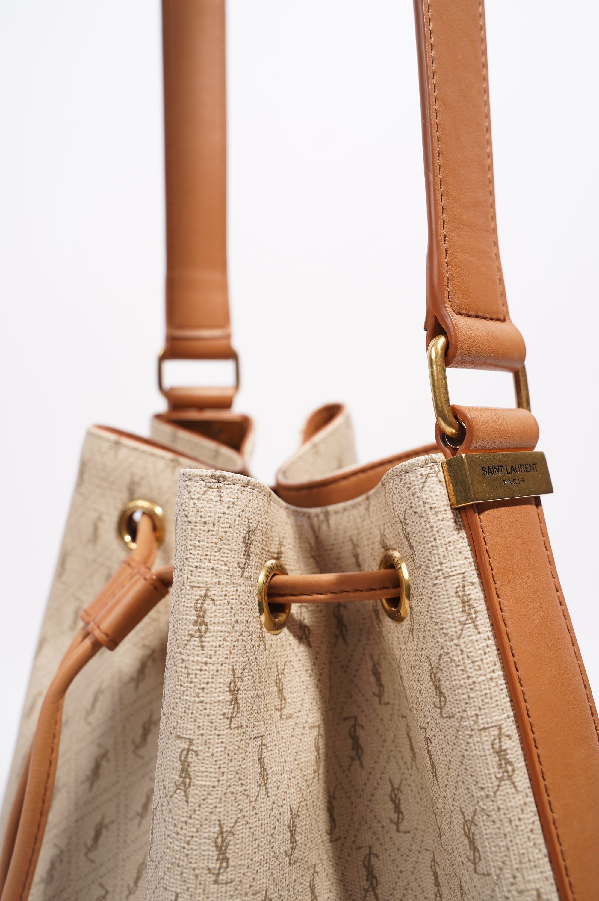 Saint Laurent Womens Bucket Bag Beige / Brown Canvas / Leather