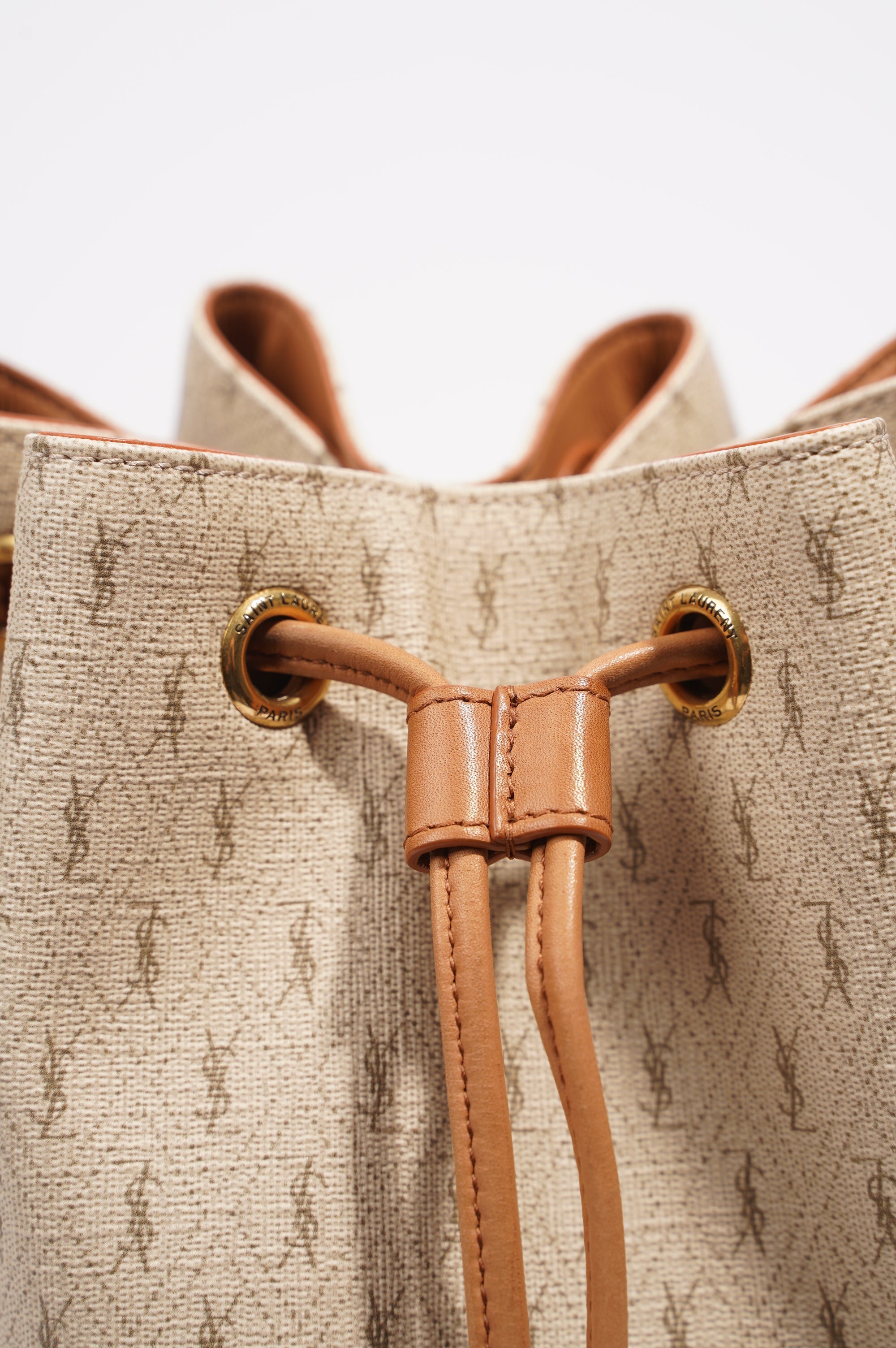 Saint Laurent Womens Bucket Bag Beige / Brown Canvas / Leather