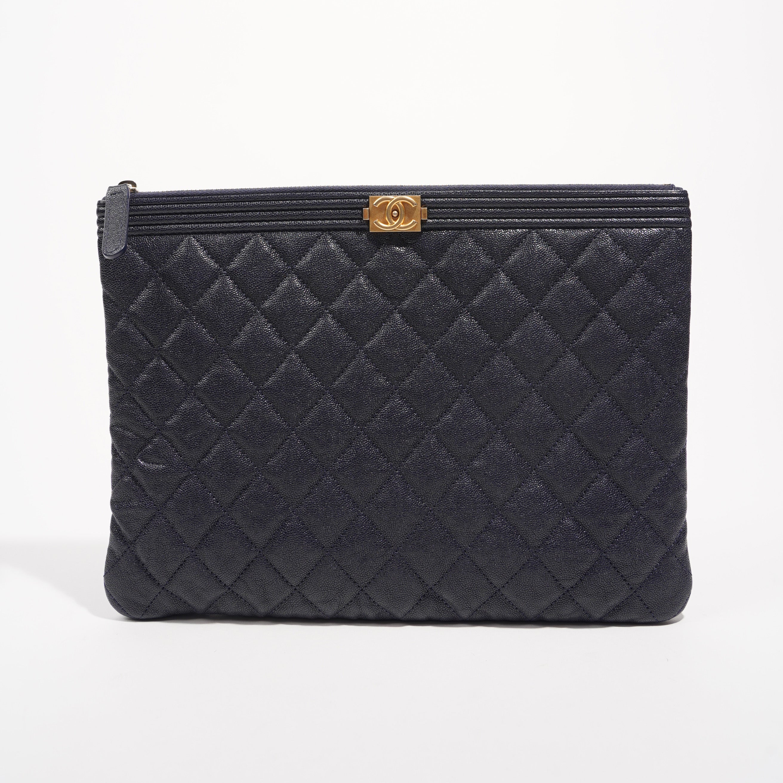 Chanel Womens Quilted Caviar Leather Boy Pouch Navy Large