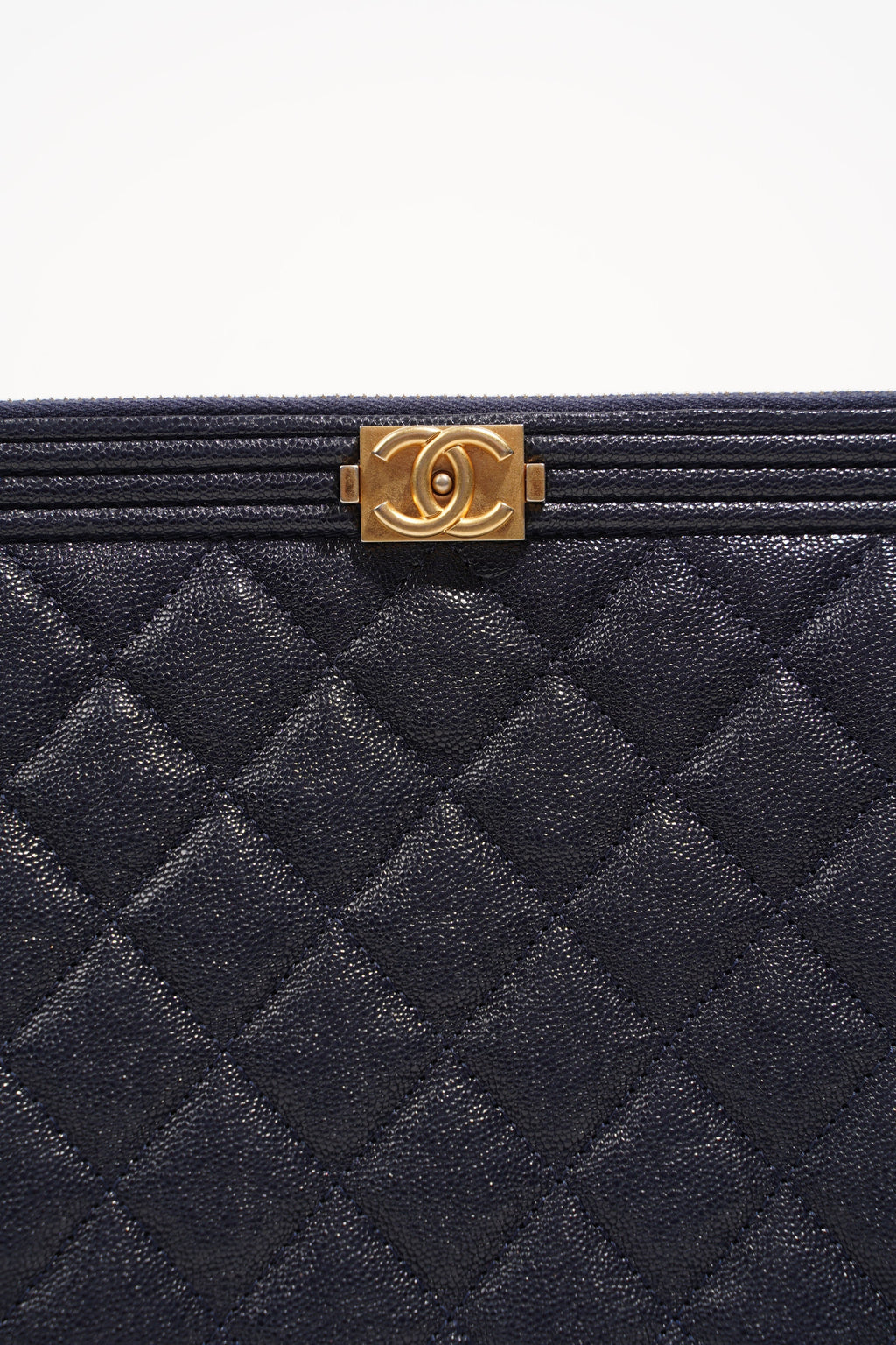 Chanel Womens Quilted Caviar Leather Boy Pouch Navy Large