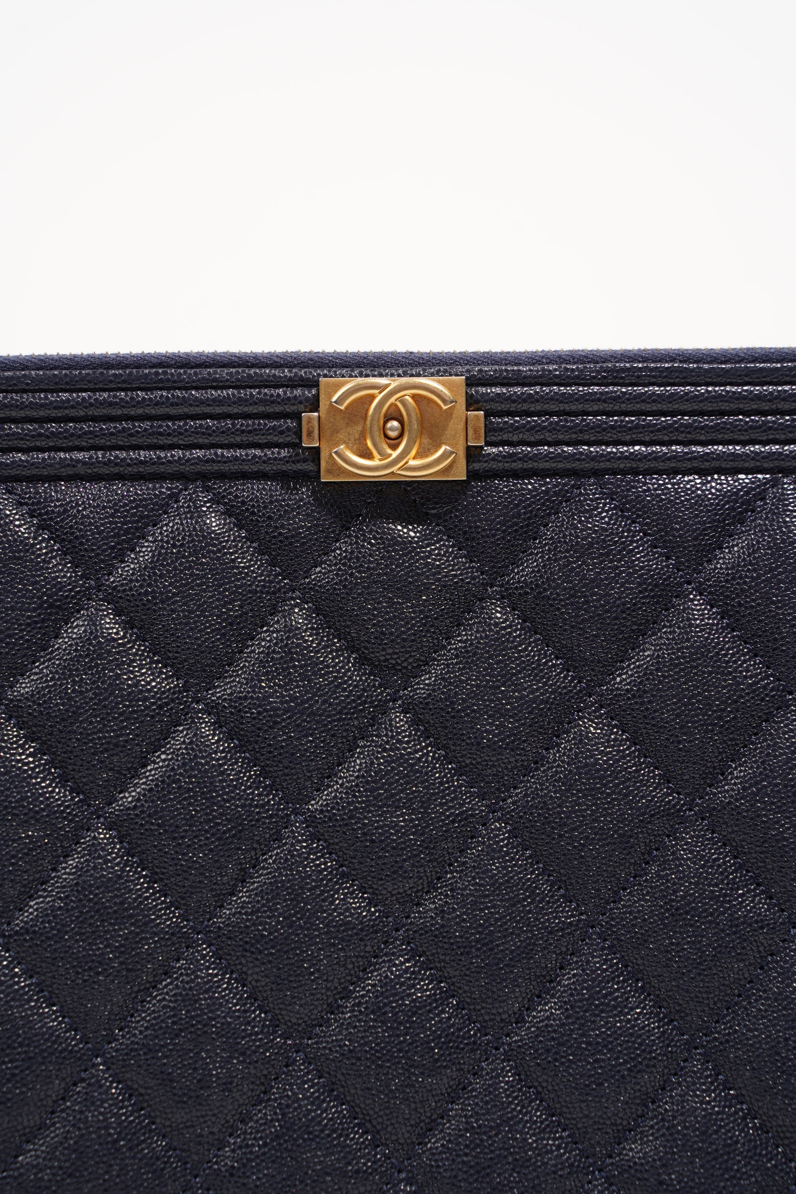 Chanel Womens Quilted Caviar Leather Boy Pouch Navy Large