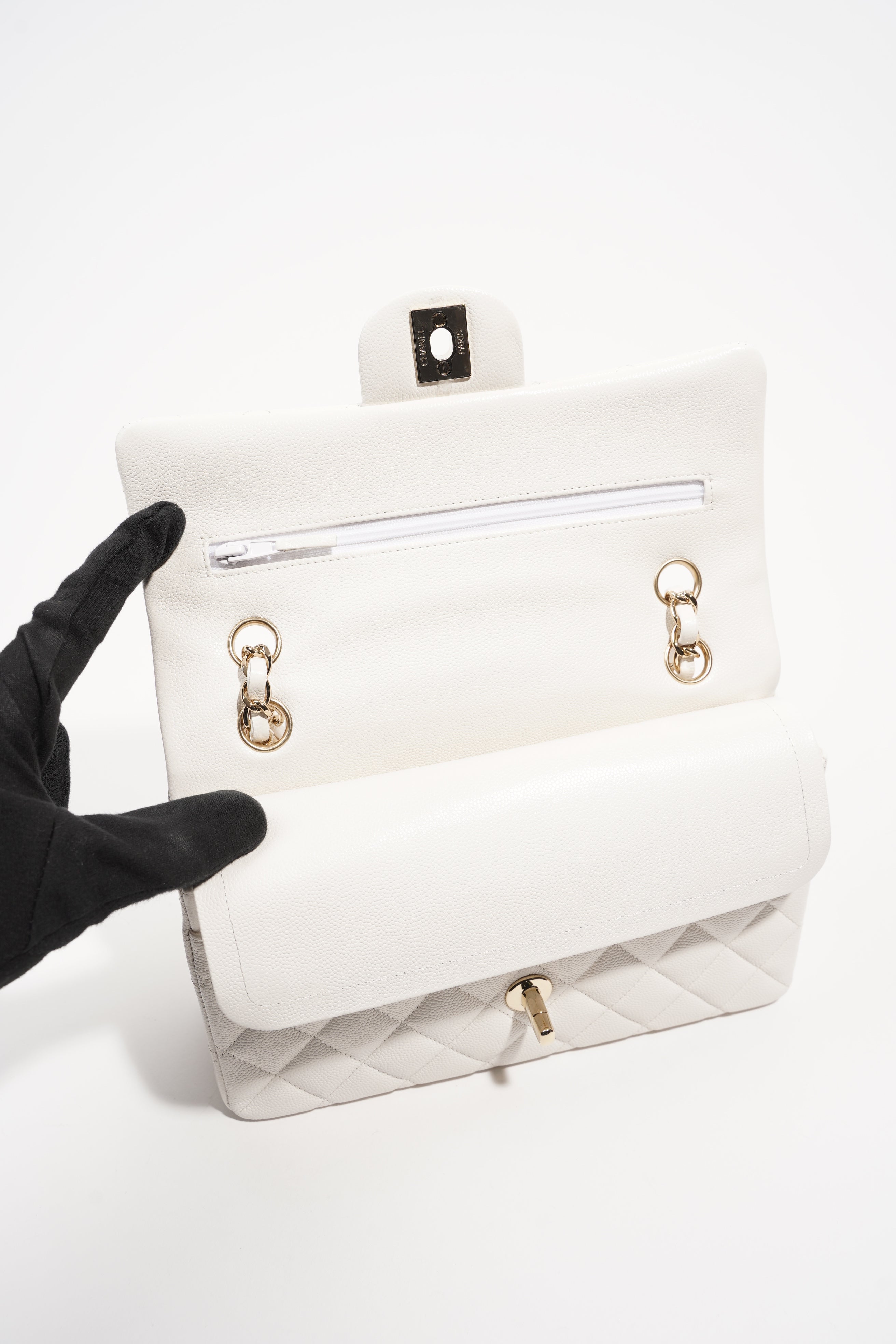 Chanel Womens Classic Flap White Caviar Small