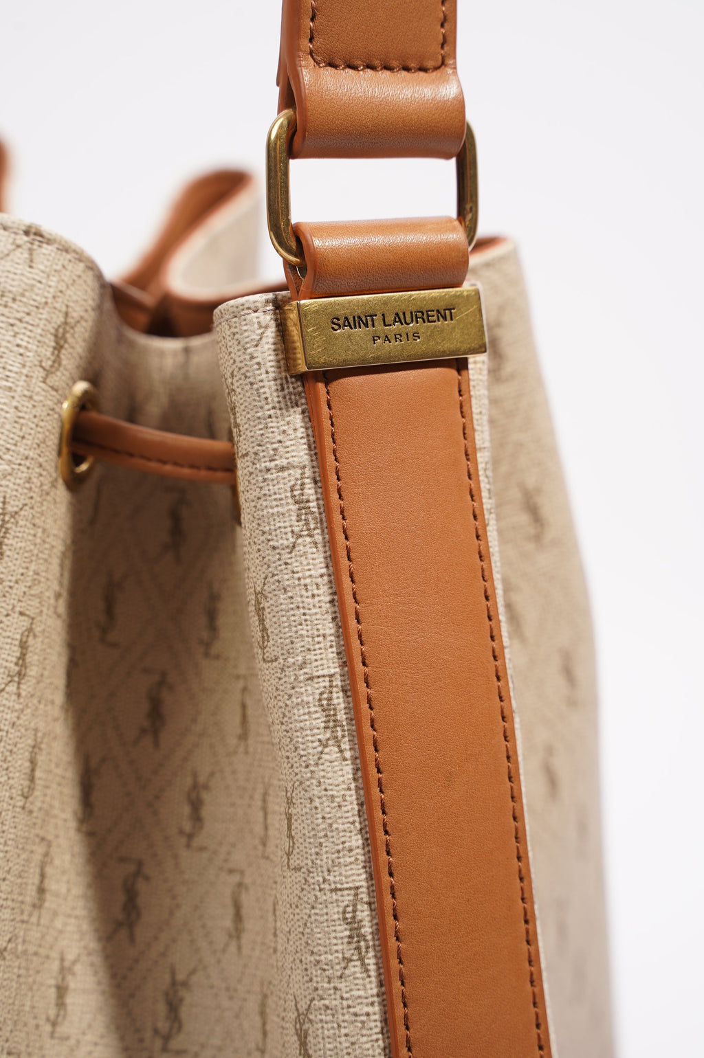Saint Laurent Womens Bucket Bag Beige / Brown Canvas / Leather