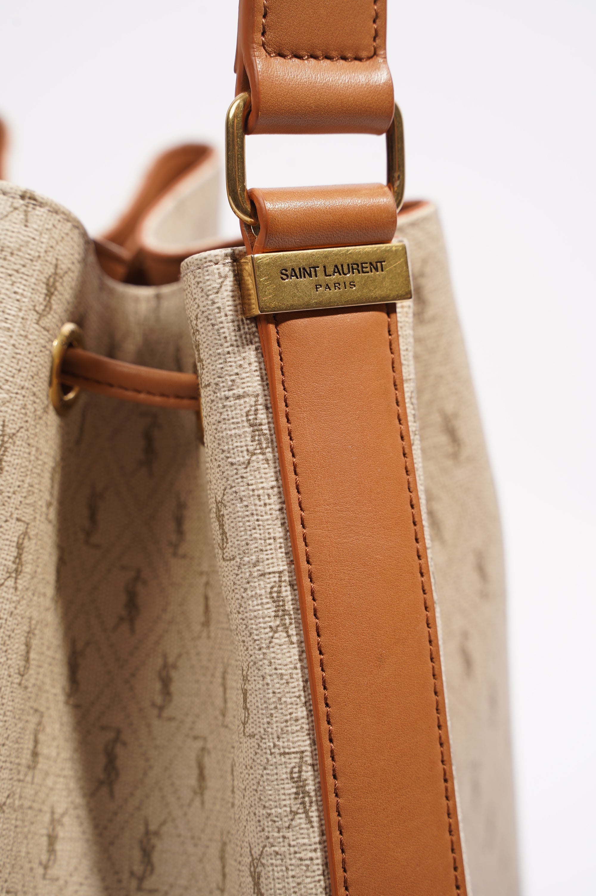 Saint Laurent Womens Bucket Bag Beige / Brown Canvas / Leather