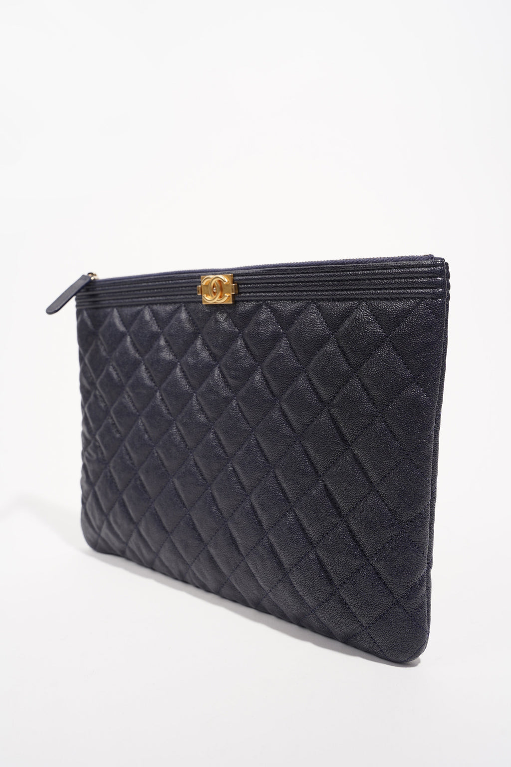 Chanel Womens Quilted Caviar Leather Boy Pouch Navy Large