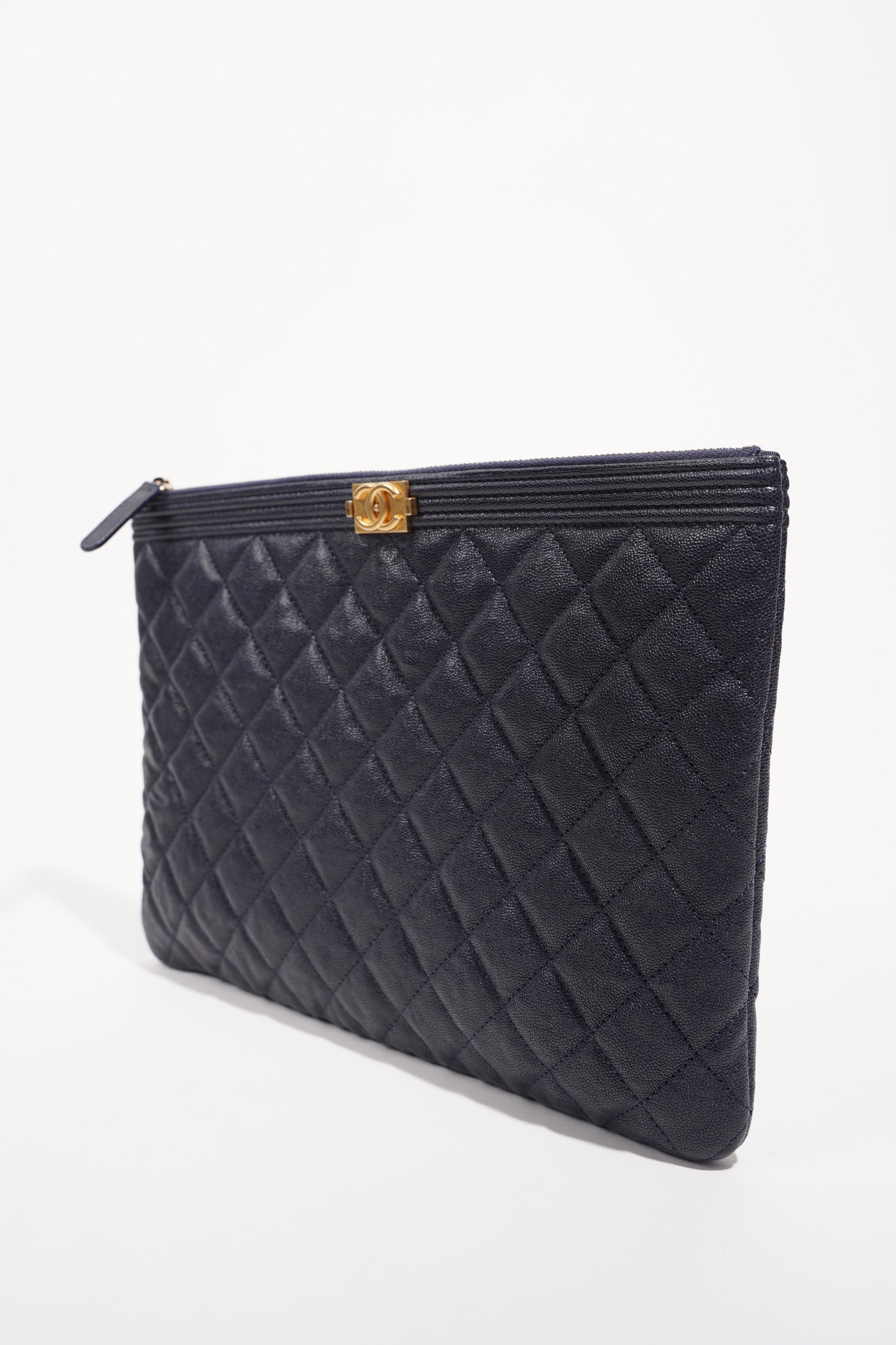 Chanel Womens Quilted Caviar Leather Boy Pouch Navy Large