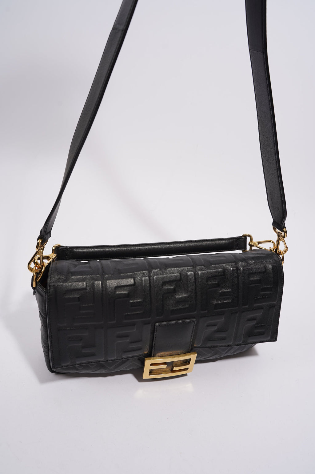 Fendi Womens Embossed F Baguette Black