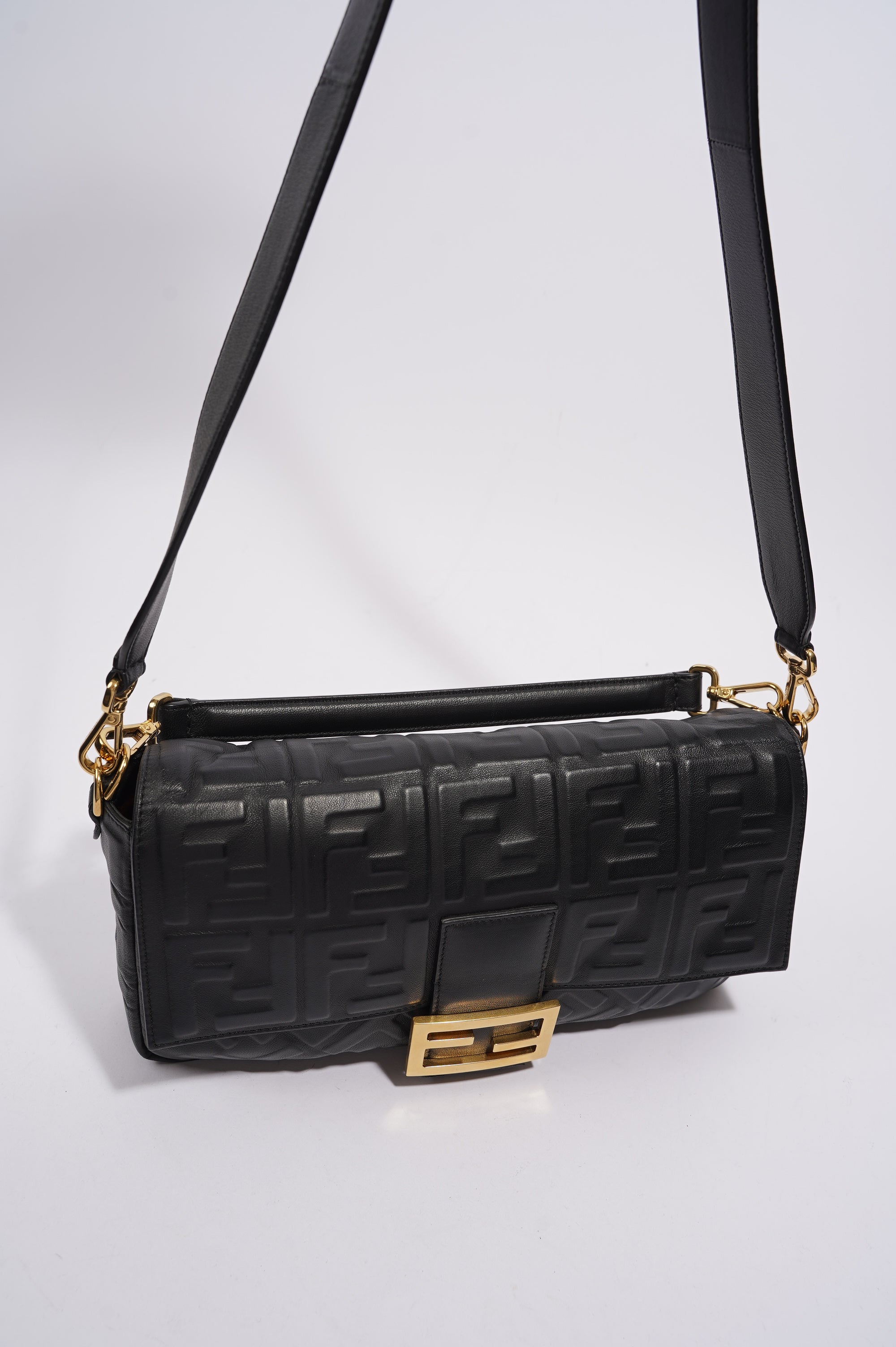 Fendi Womens Embossed F Baguette Black