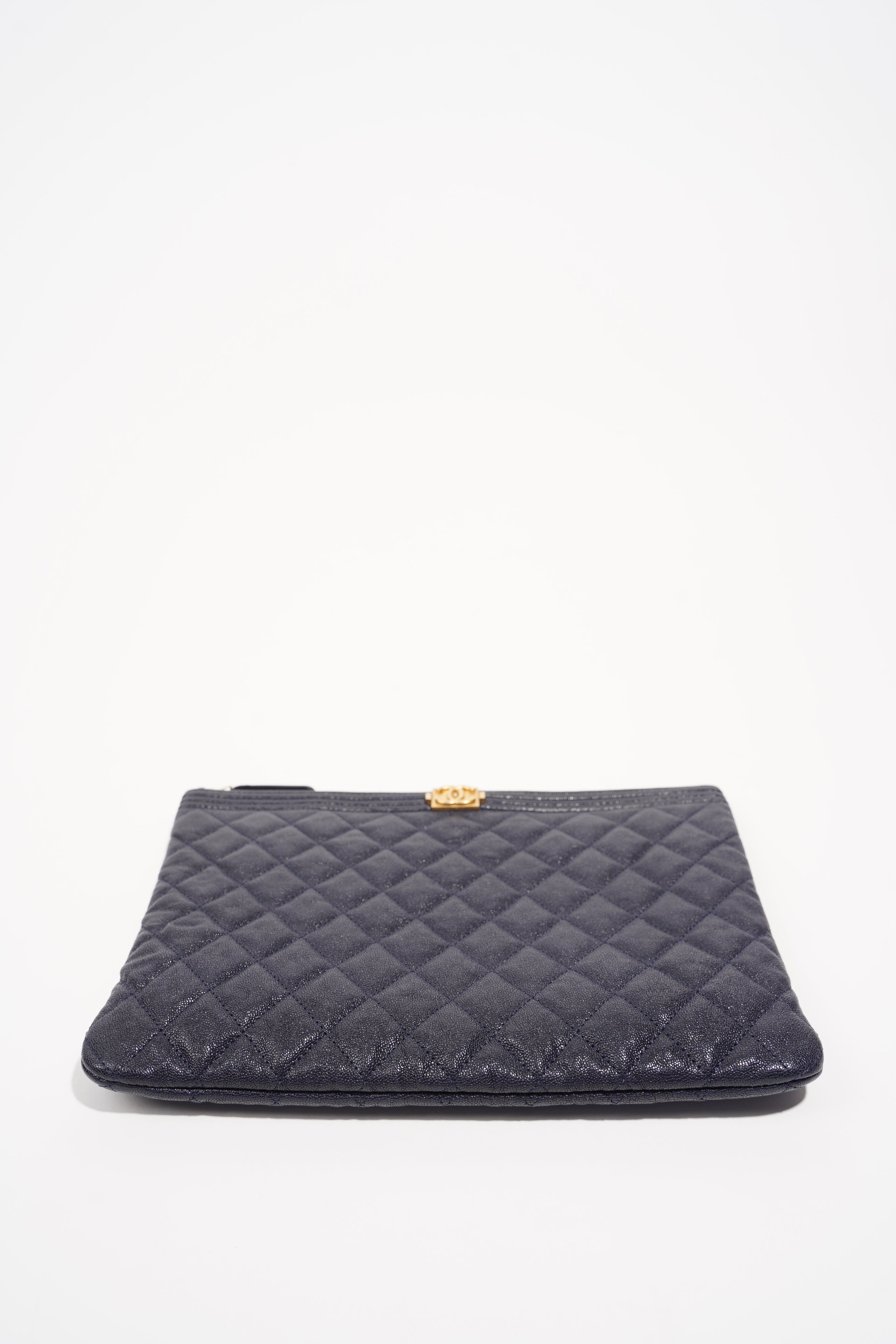 Chanel Womens Quilted Caviar Leather Boy Pouch Navy Large