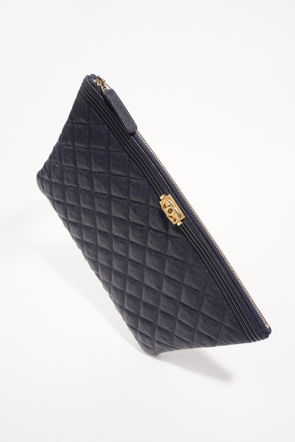 Chanel Womens Quilted Caviar Leather Boy Pouch Navy Large