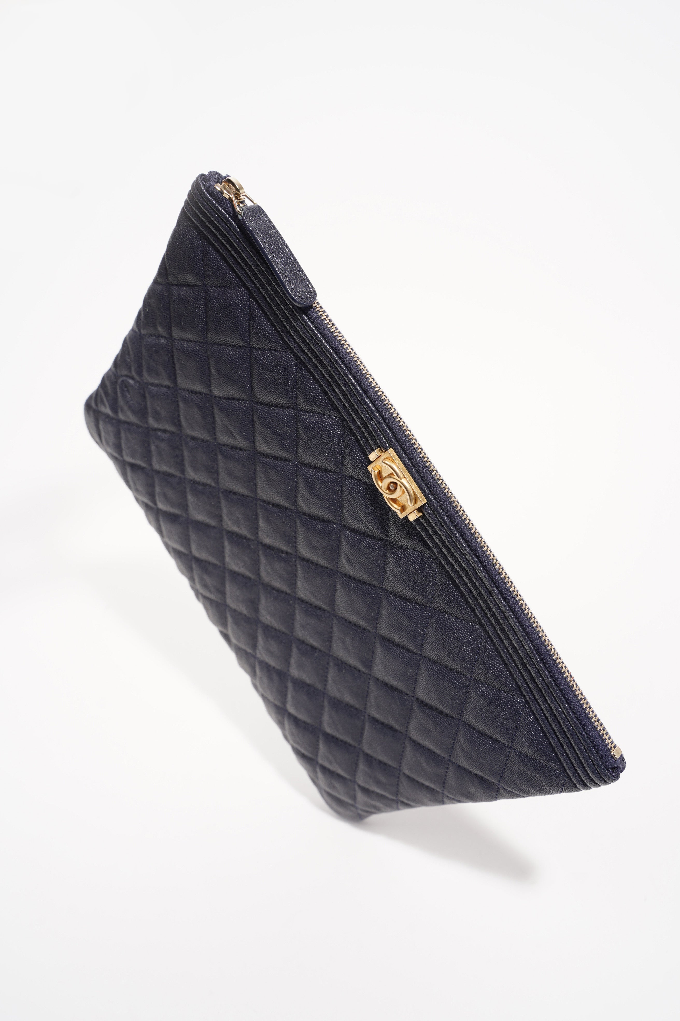 Chanel Womens Quilted Caviar Leather Boy Pouch Navy Large