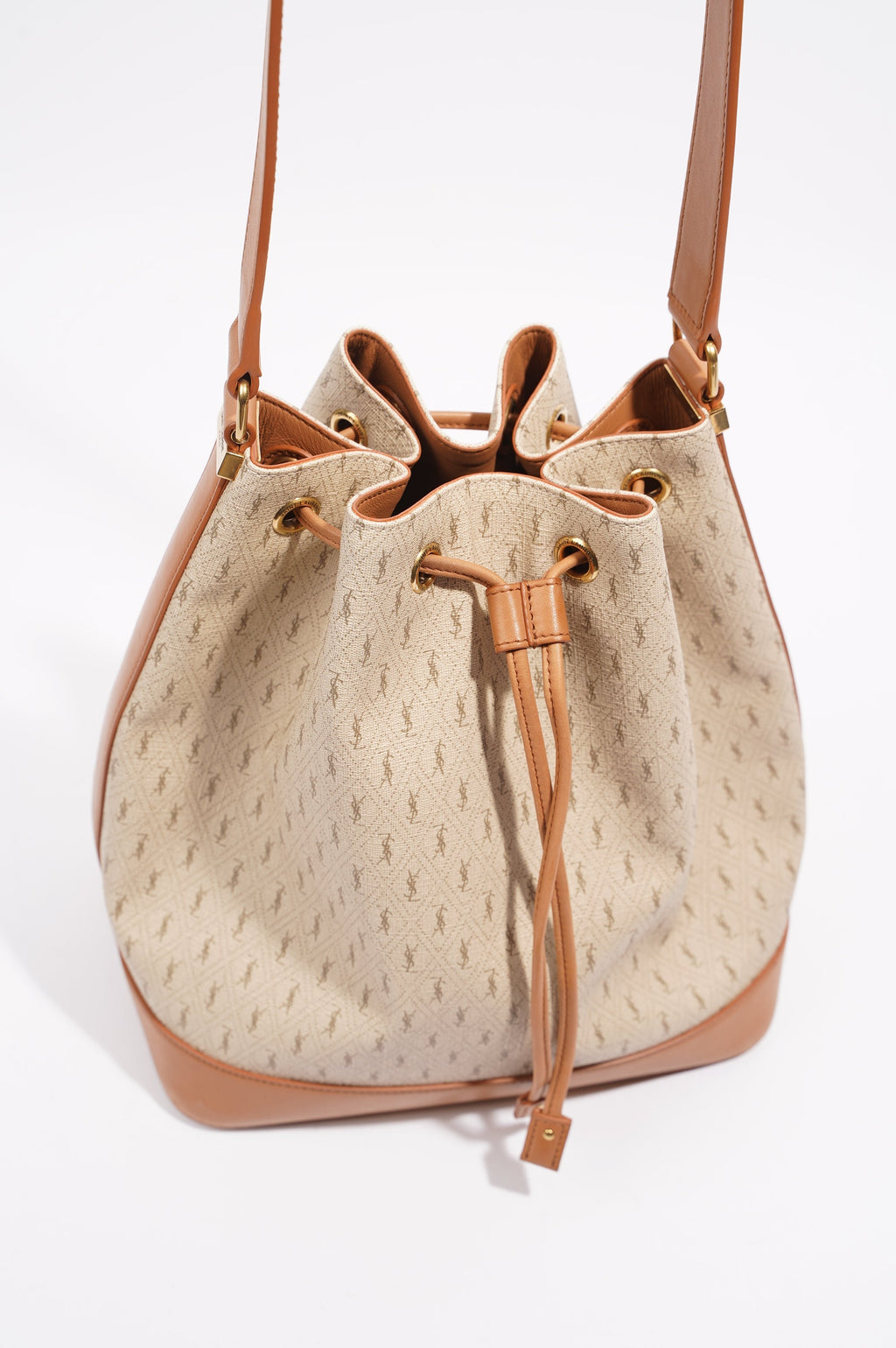 Saint Laurent Womens Bucket Bag Beige / Brown Canvas / Leather