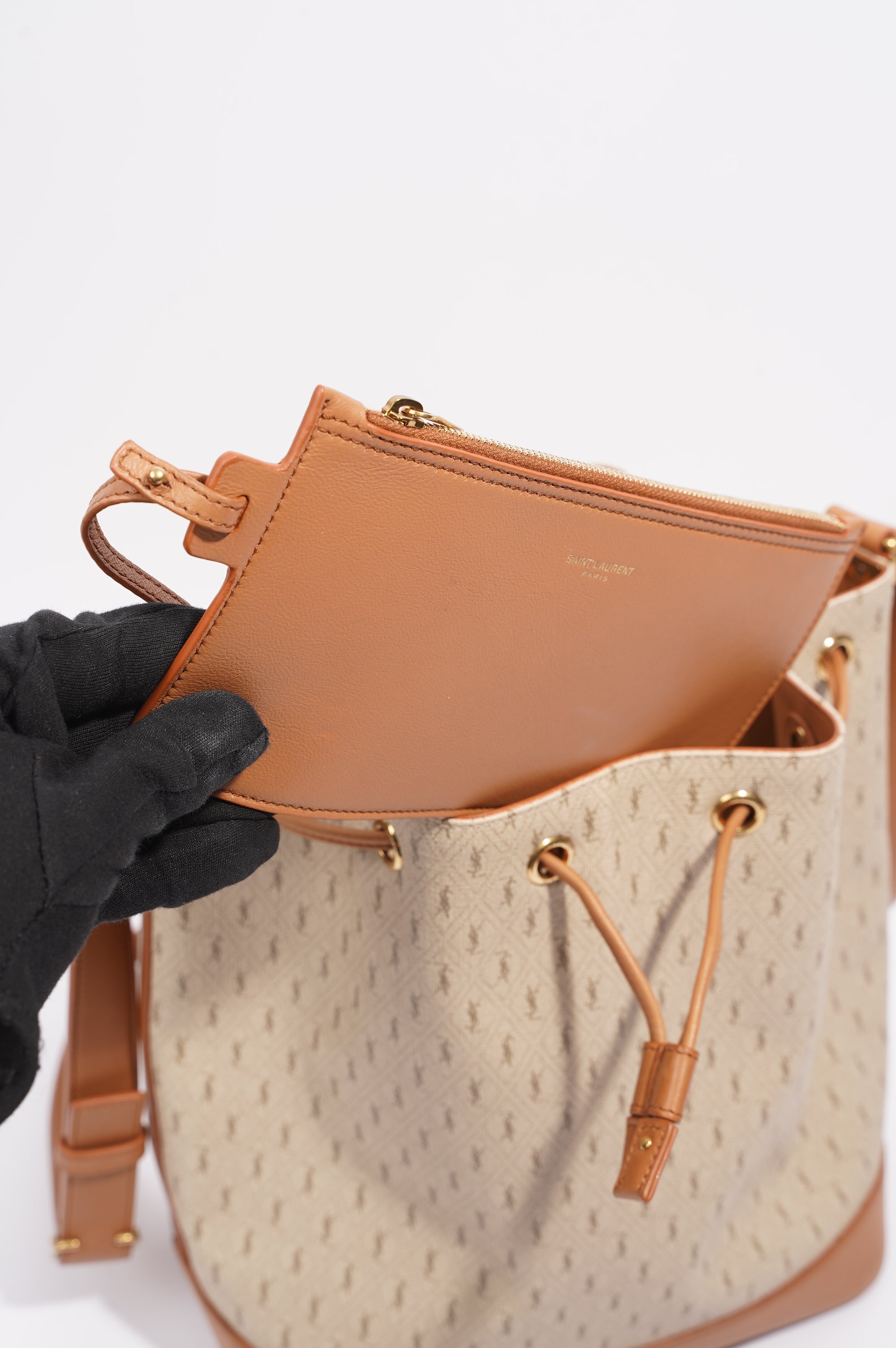Saint Laurent Womens Bucket Bag Beige / Brown Canvas / Leather