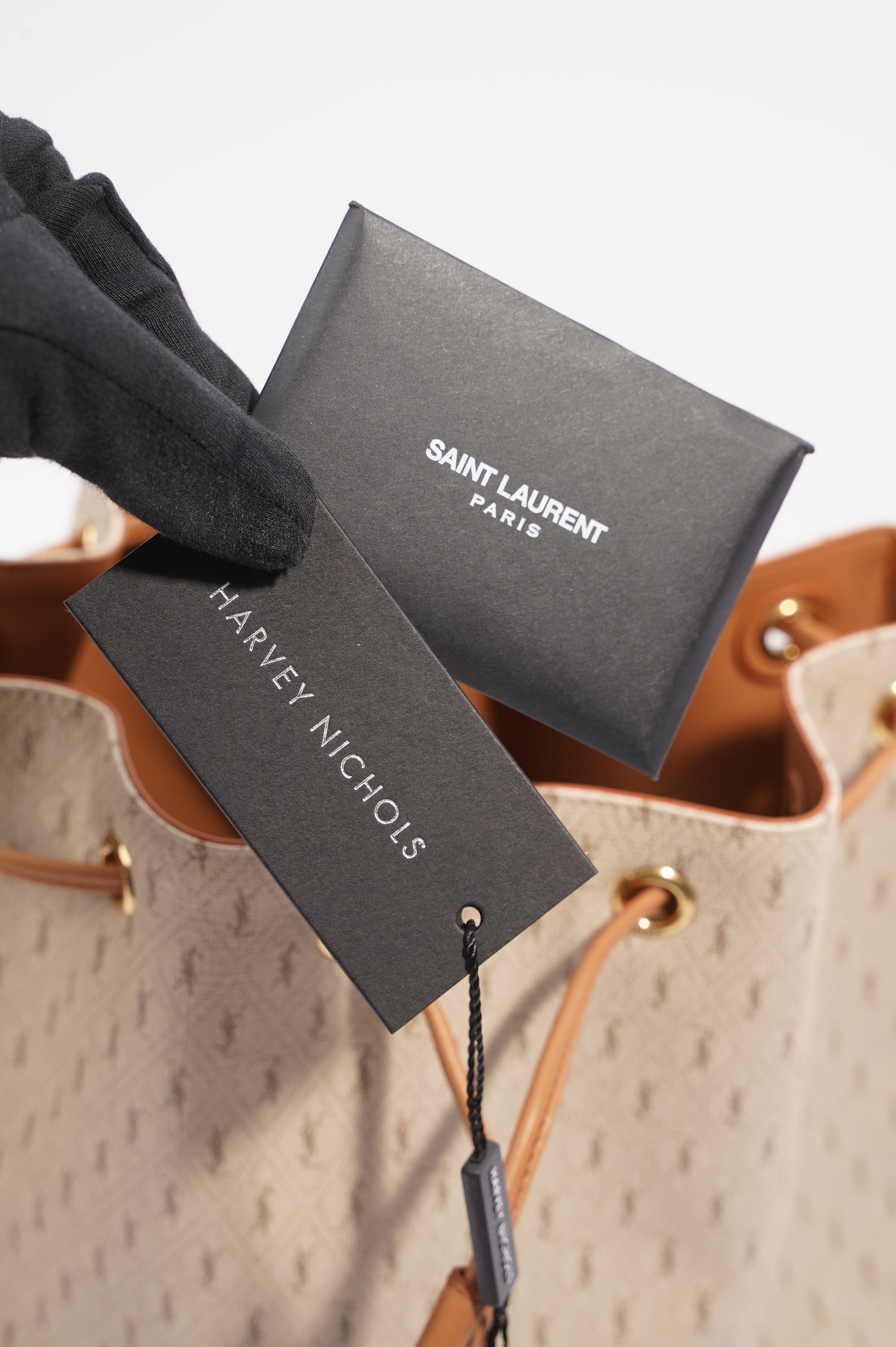 Saint Laurent Womens Bucket Bag Beige / Brown Canvas / Leather