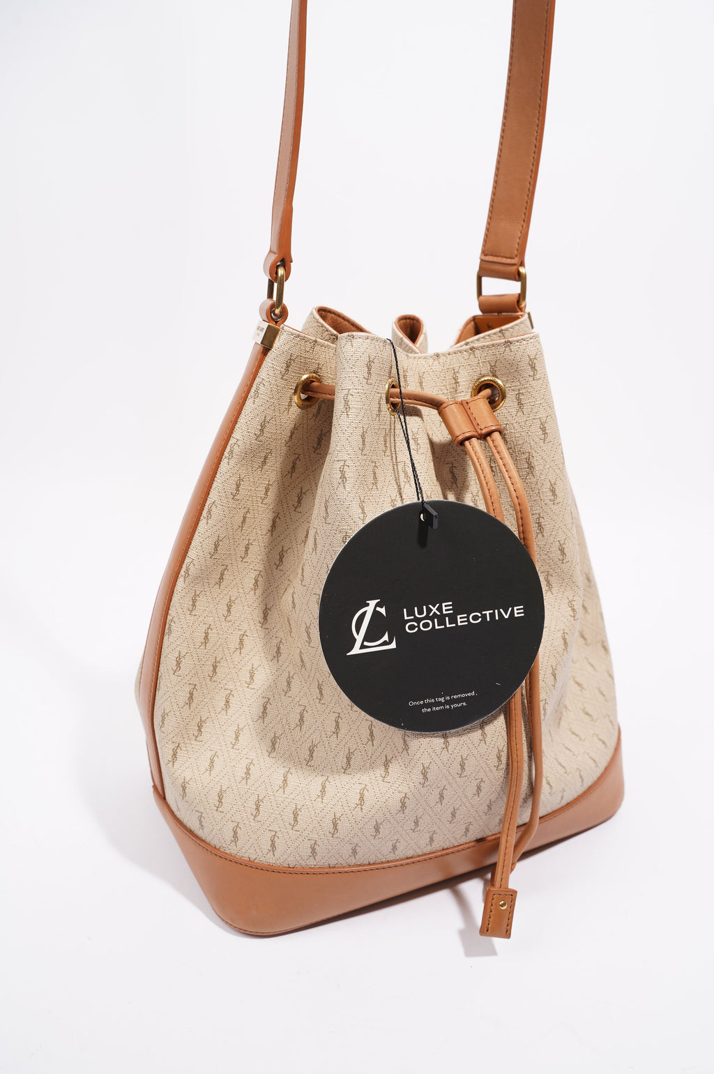 Saint Laurent Womens Bucket Bag Beige / Brown Canvas / Leather