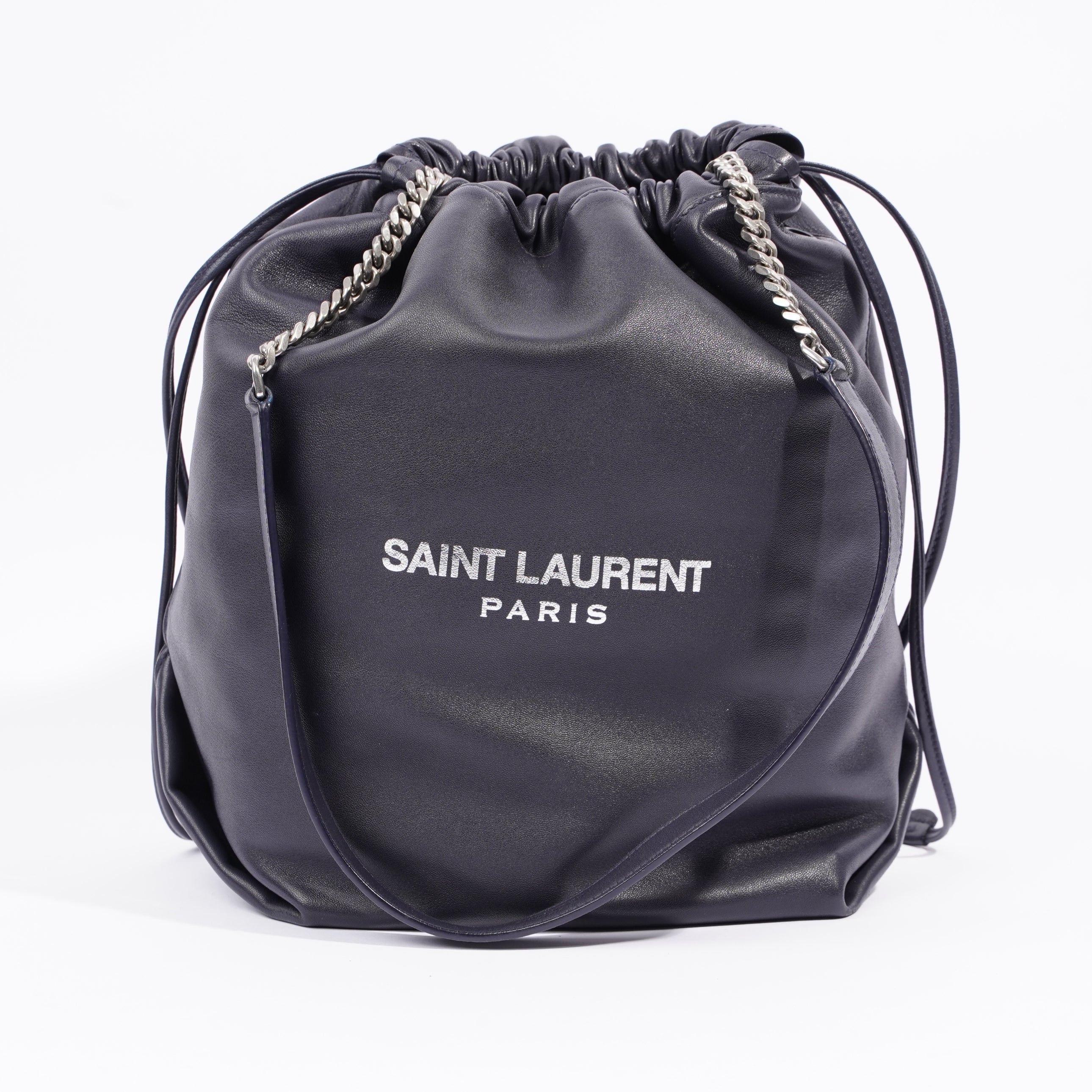 Saint Laurent Womens Teddy Bucket Bag Navy Leather