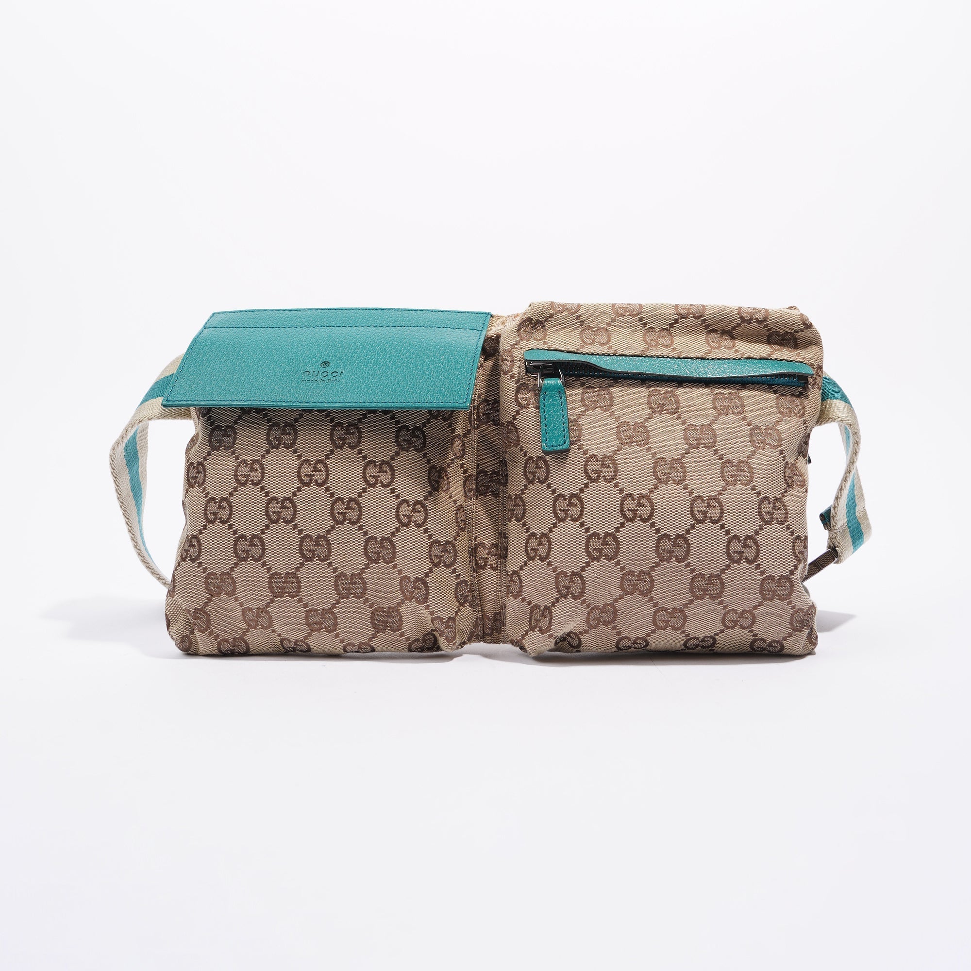 Gucci Womens Vintage GG Canvas Belt Bag Beige Teal