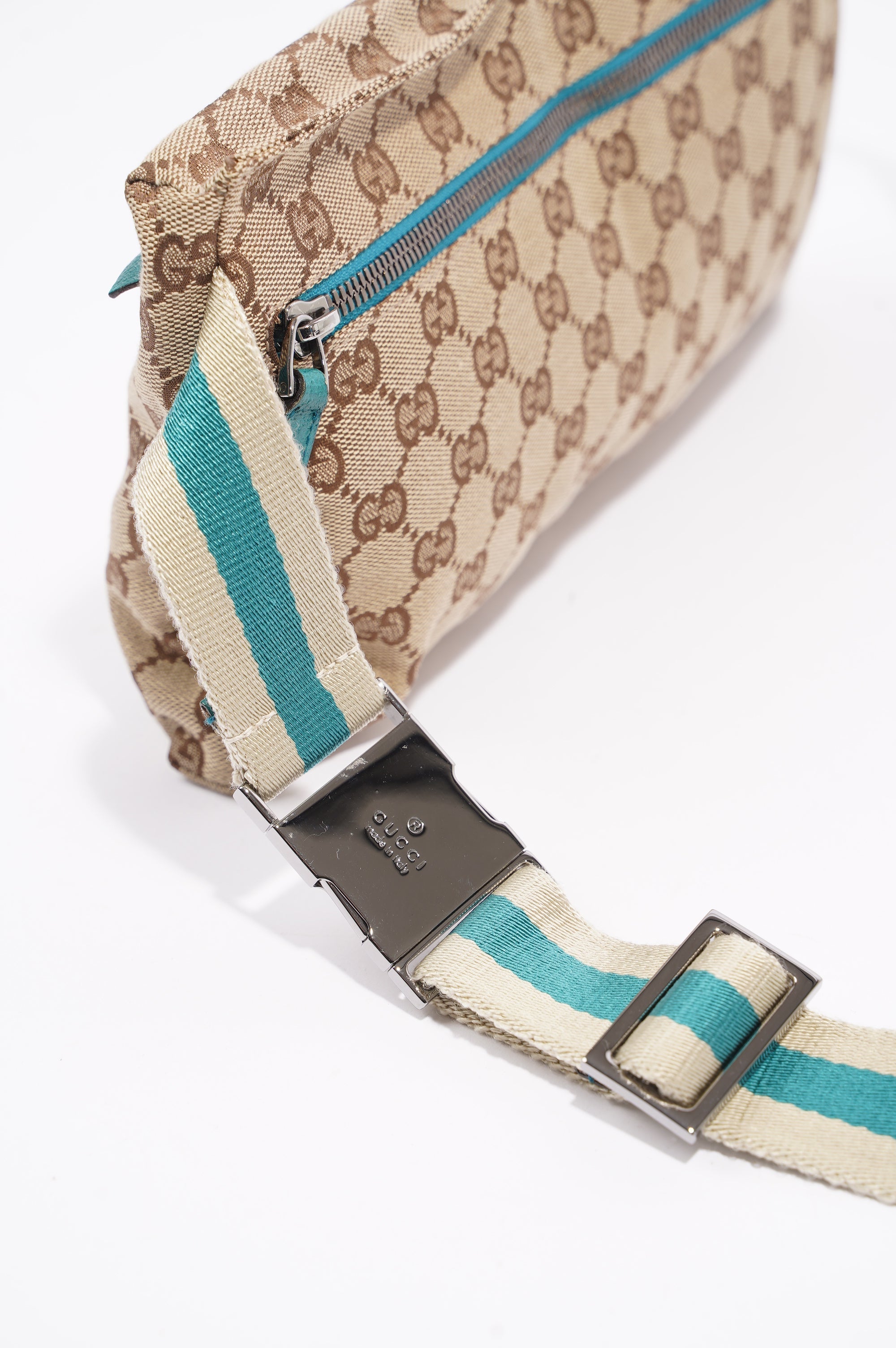 Gucci Womens Vintage GG Canvas Belt Bag Beige Teal