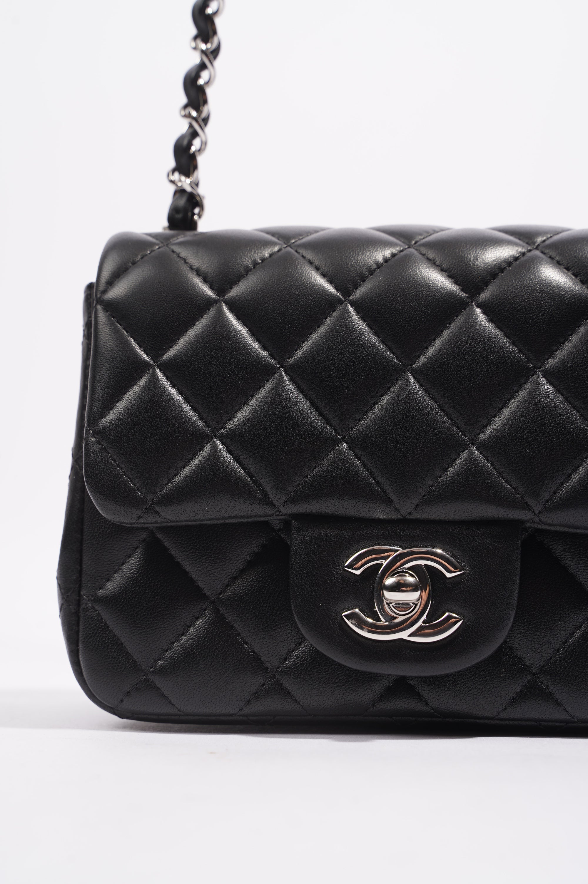 Chanel Womens Lambskin Square Flap Black Leather Mini