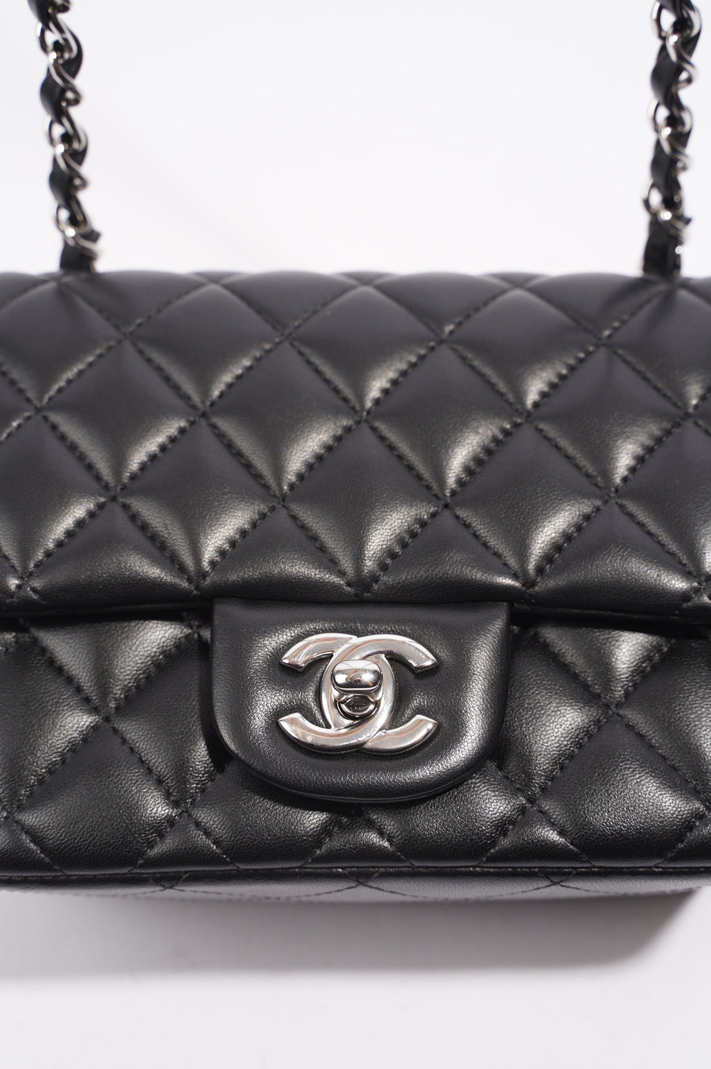Chanel Womens Lambskin Square Flap Black Leather Mini