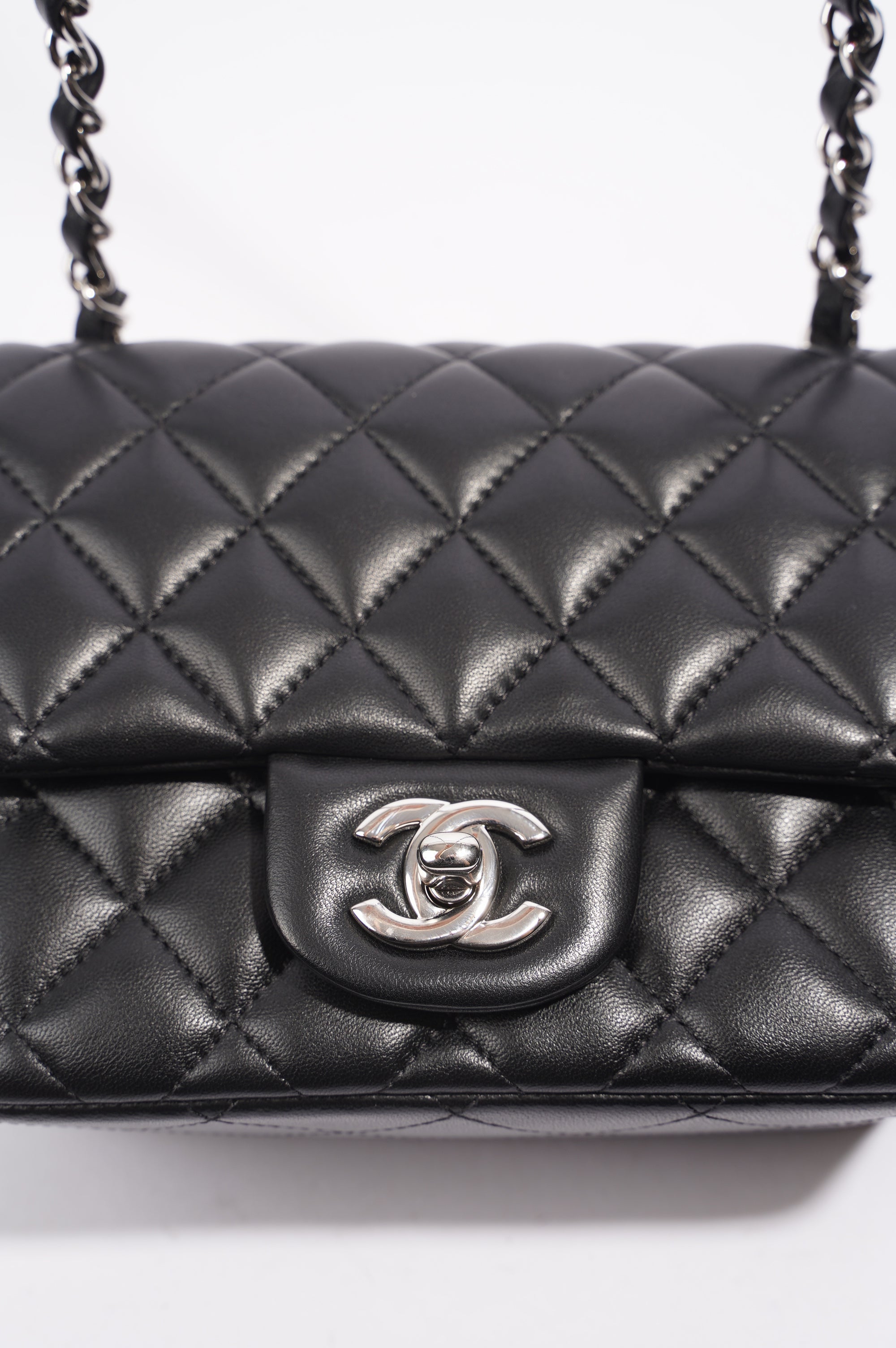 Chanel Womens Lambskin Square Flap Black Leather Mini