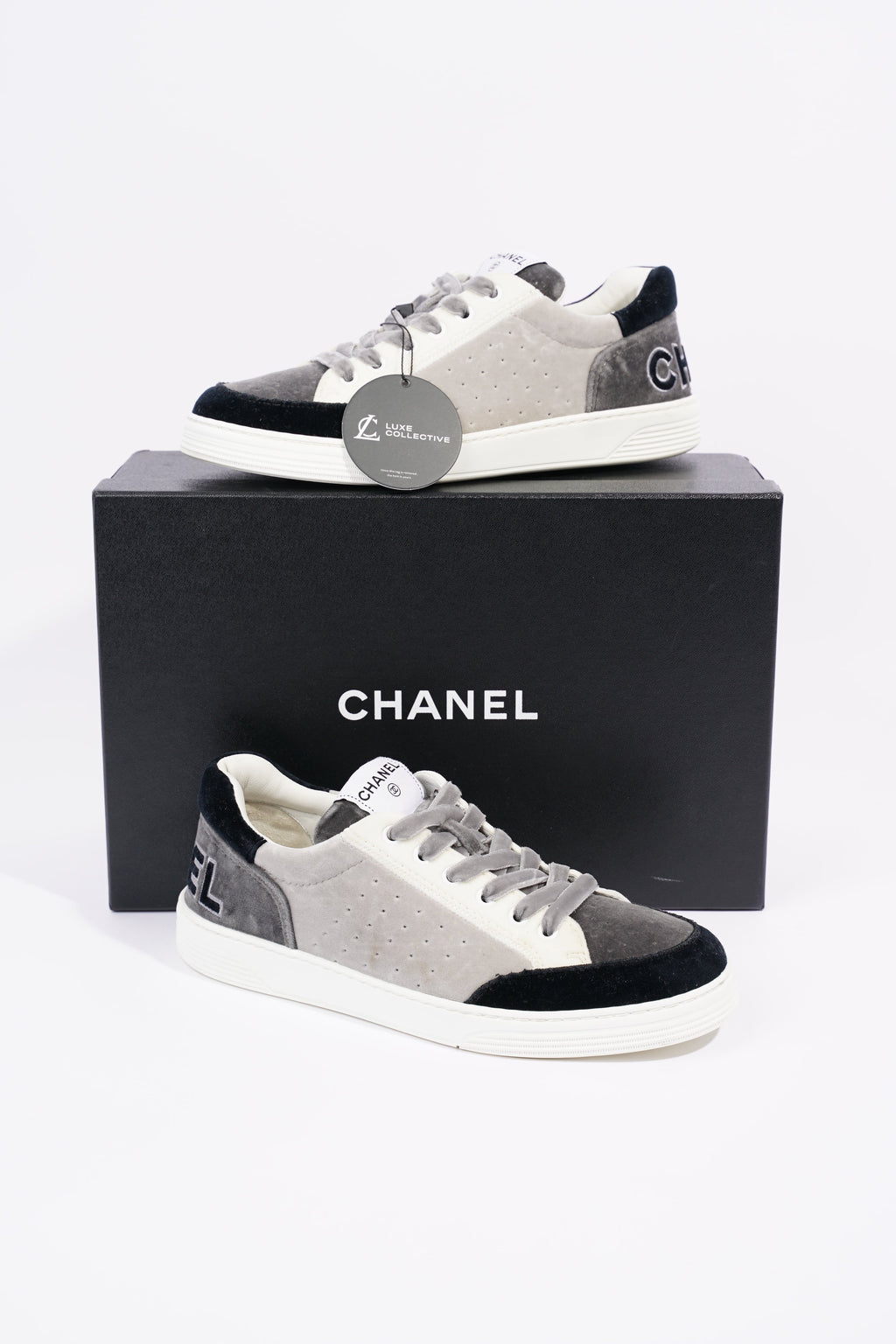 Chanel Womens Low Top Sneakers Grey / Navy / Cream EU 40.5 / UK 7.5