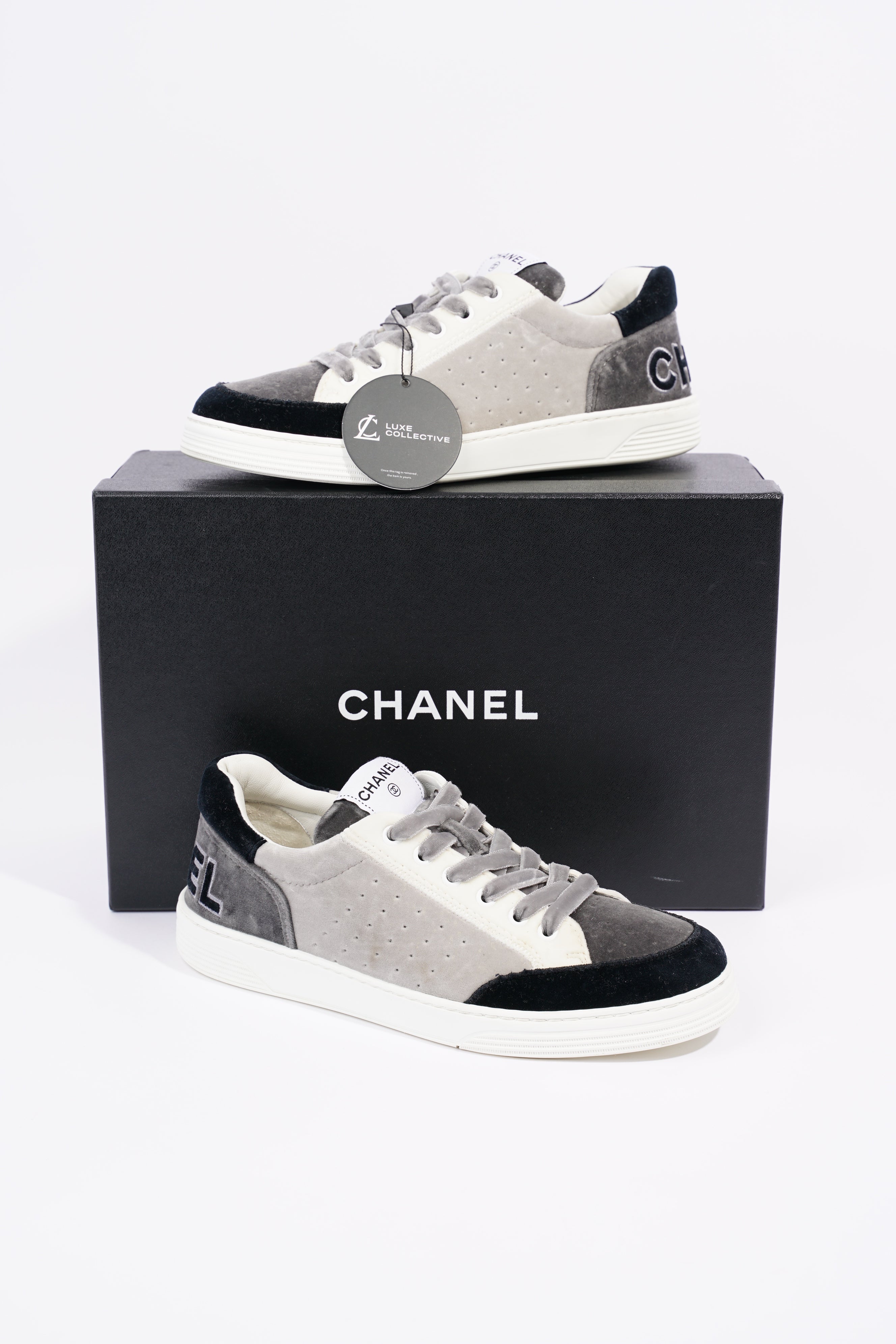 Chanel Womens Low Top Sneakers Grey / Navy / Cream EU 40.5 / UK 7.5