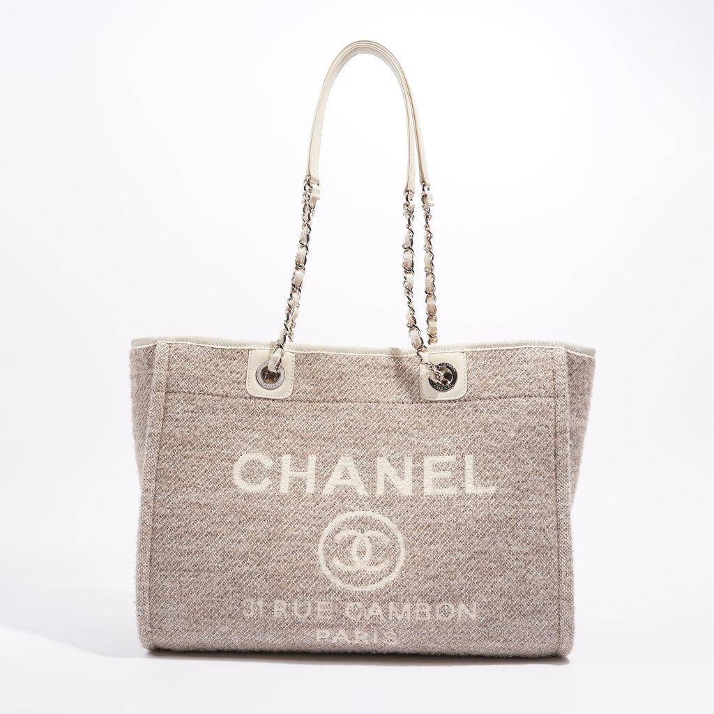 Chanel Womens Deauville Bag Wool / Cream / Beige Small