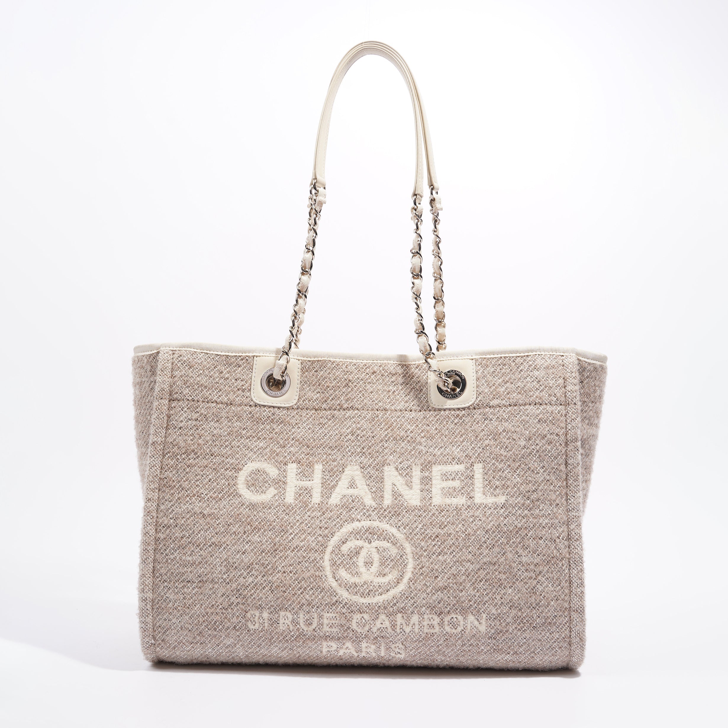 Chanel Womens Deauville Bag Wool / Cream / Beige Small