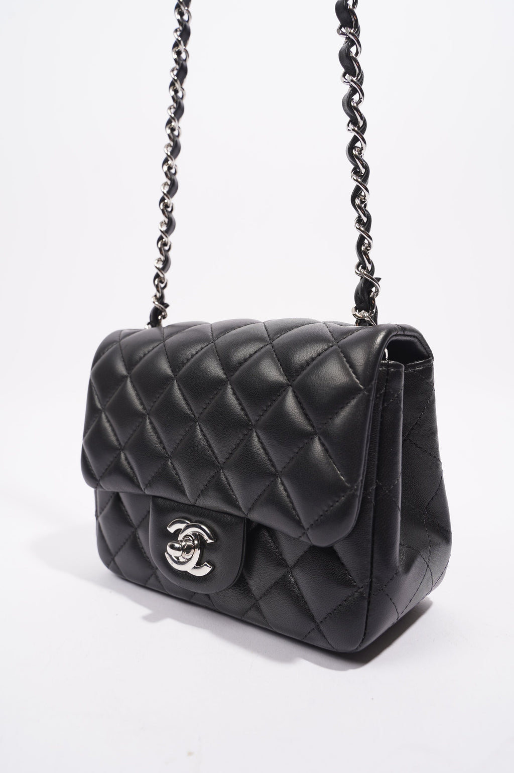 Chanel Womens Lambskin Square Flap Black Leather Mini
