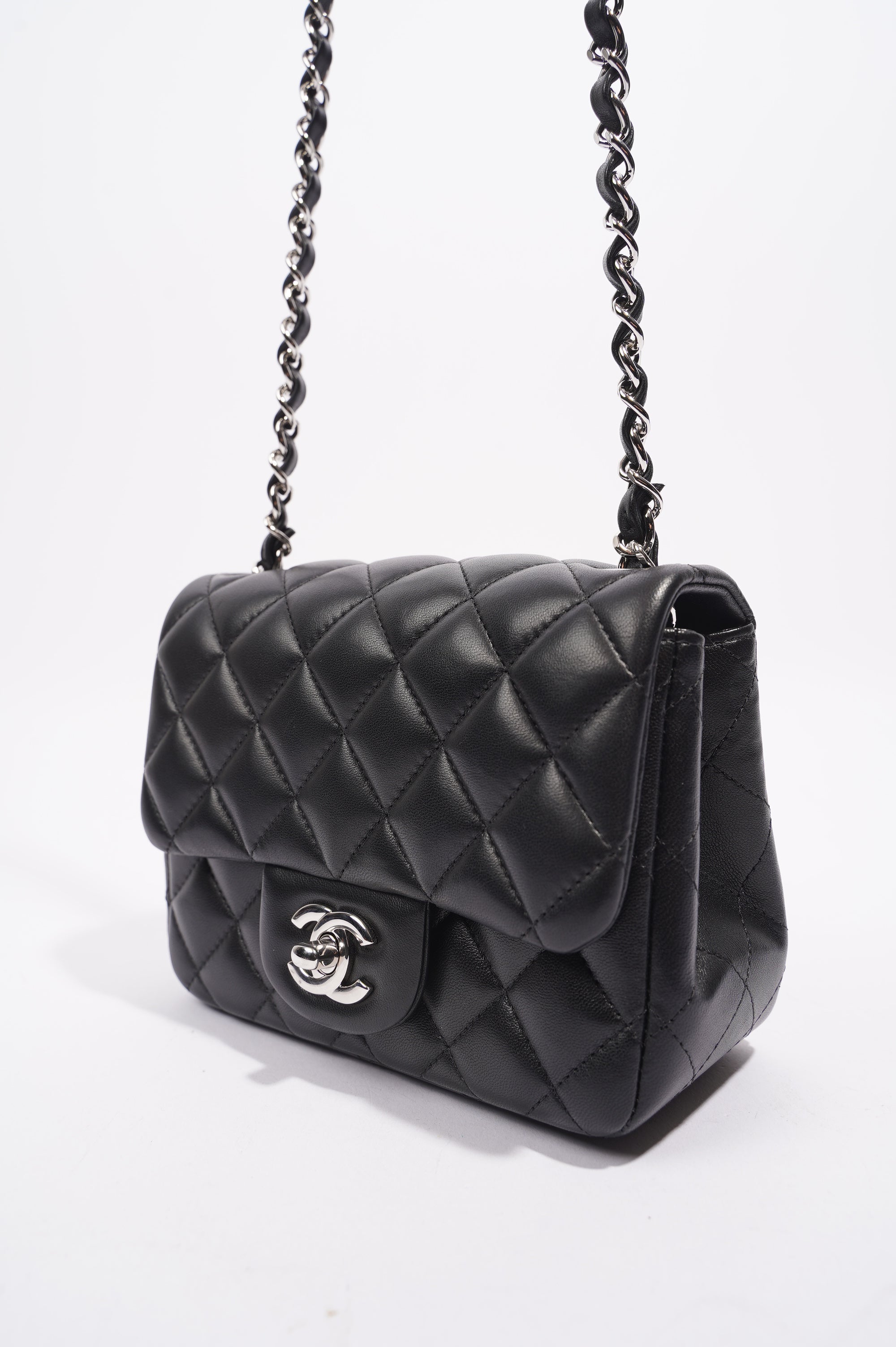 Chanel Womens Lambskin Square Flap Black Leather Mini