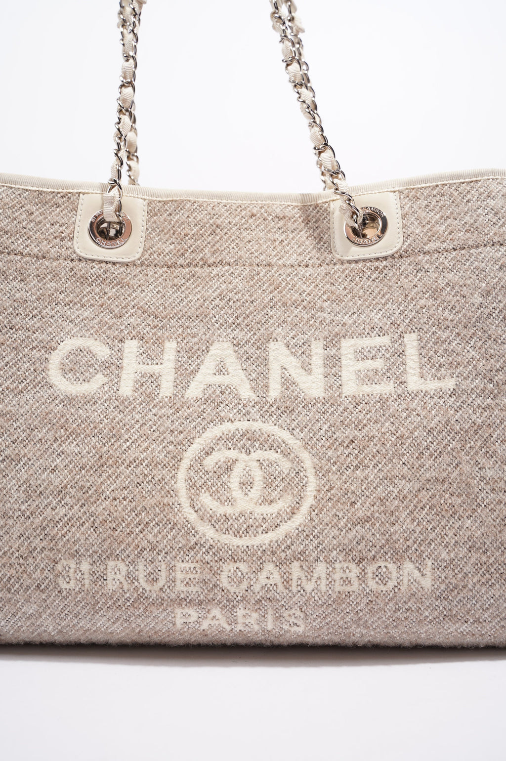 Chanel Womens Deauville Bag Wool / Cream / Beige Small