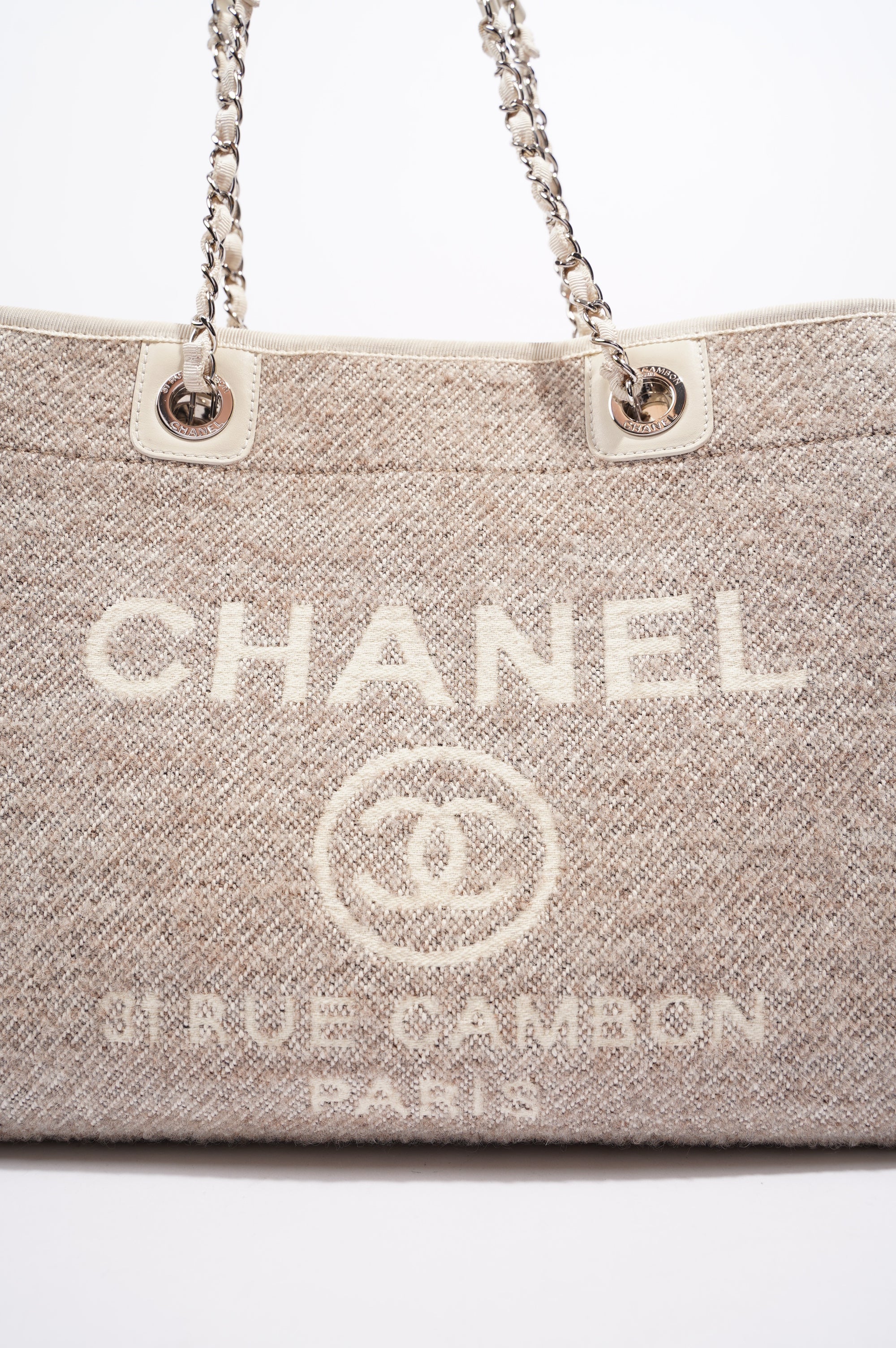 Chanel Womens Deauville Bag Wool / Cream / Beige Small