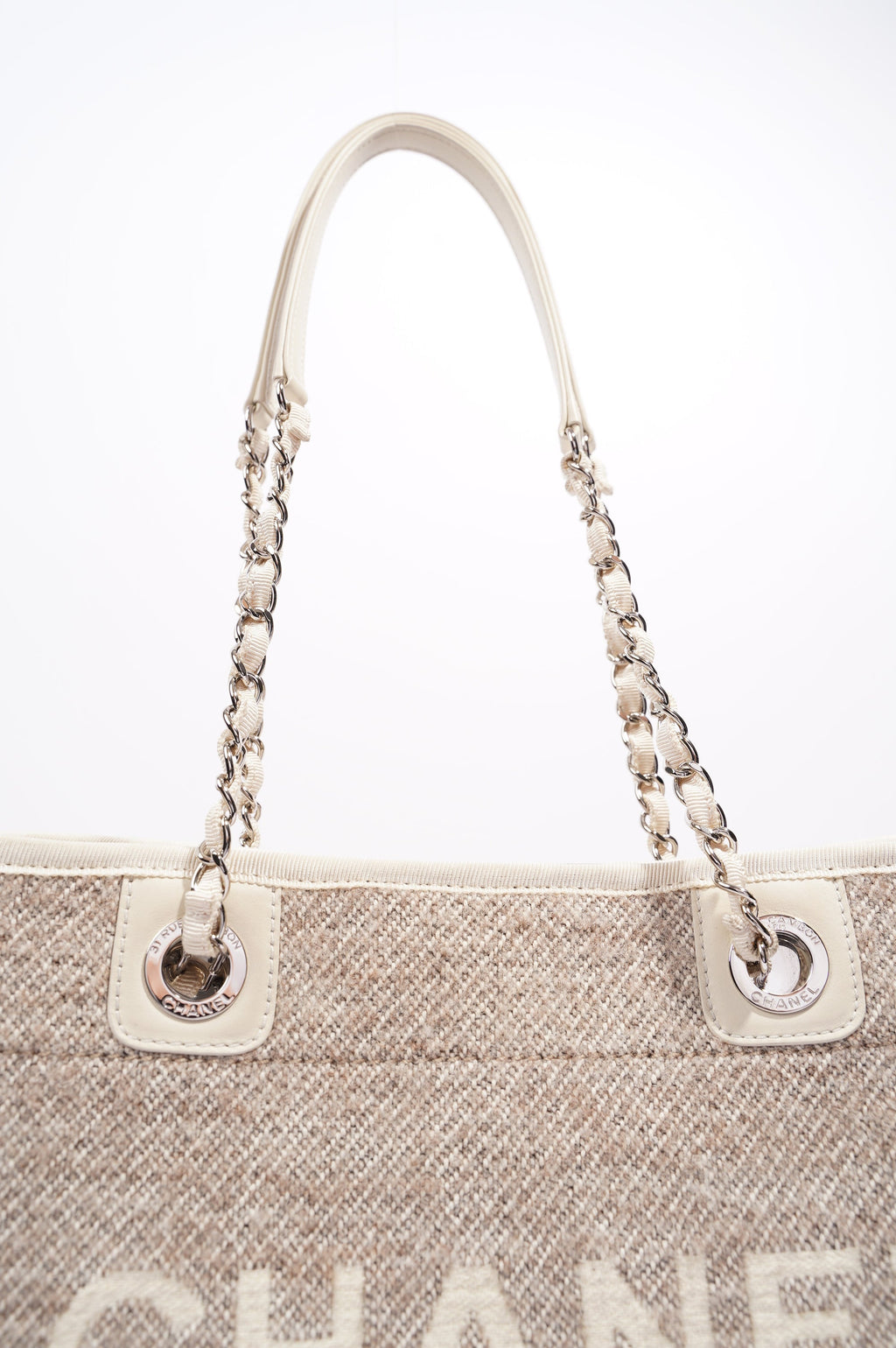 Chanel Womens Deauville Bag Wool / Cream / Beige Small