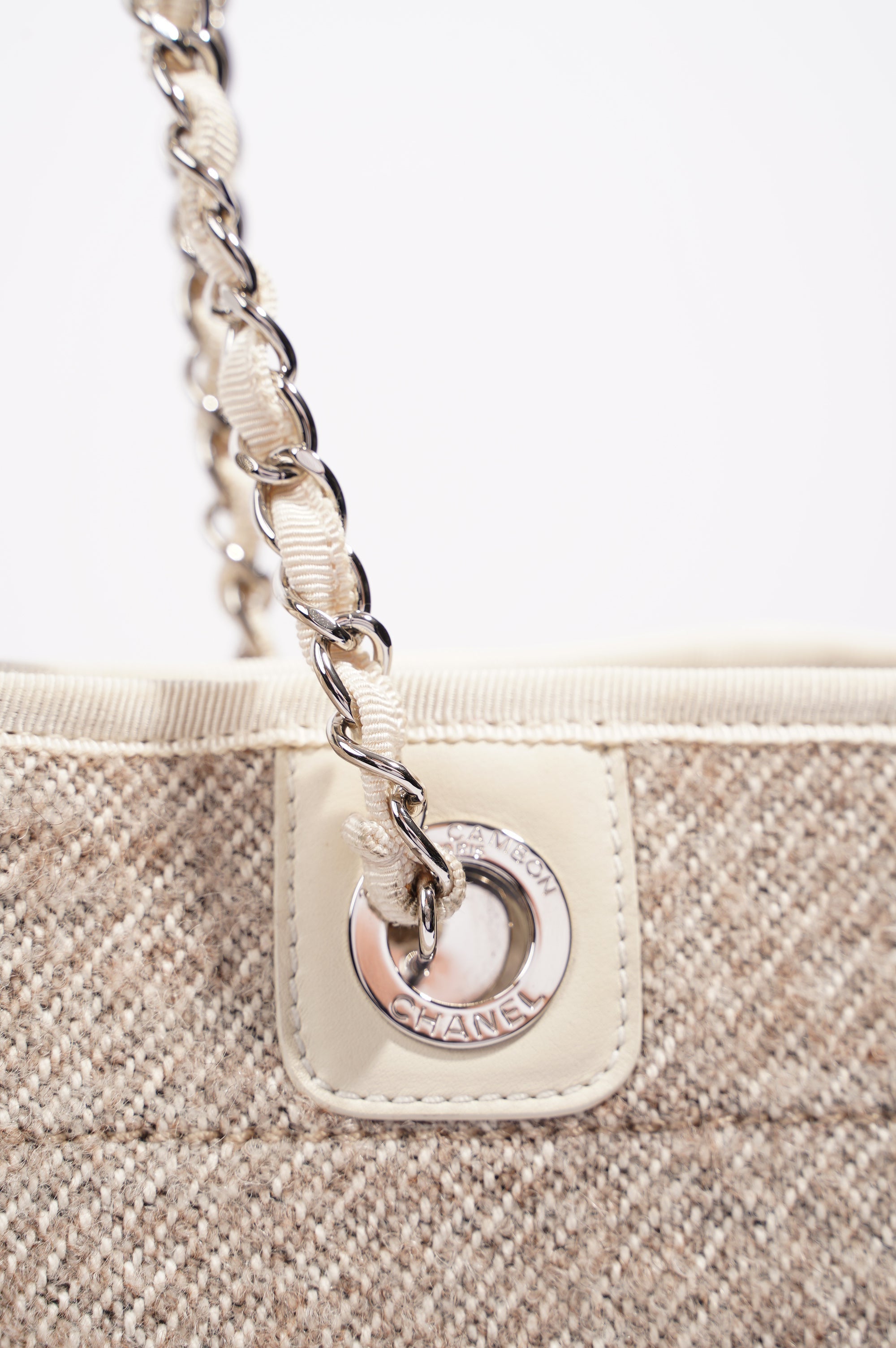 Chanel Womens Deauville Bag Wool / Cream / Beige Small