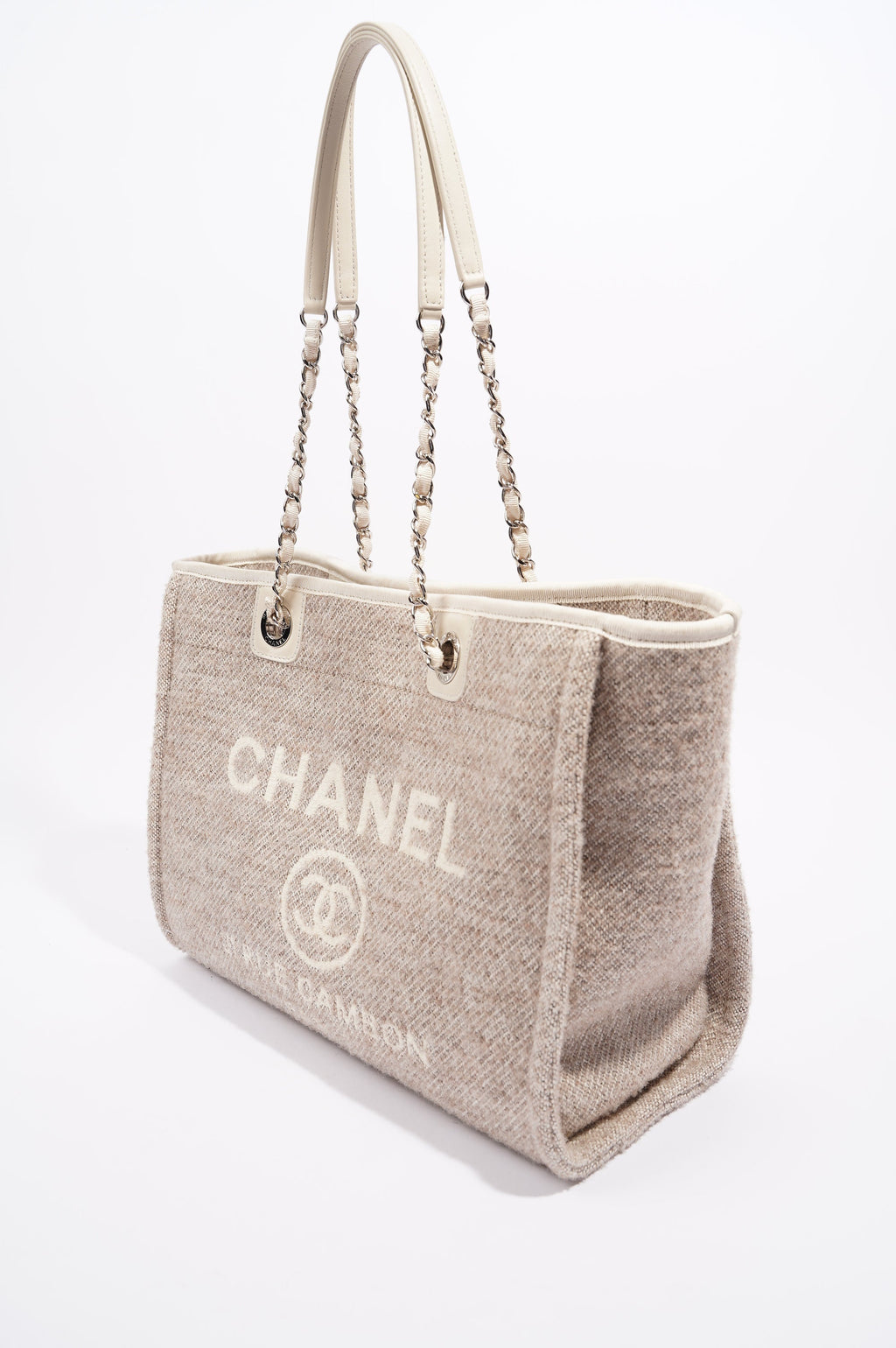 Chanel Womens Deauville Bag Wool / Cream / Beige Small