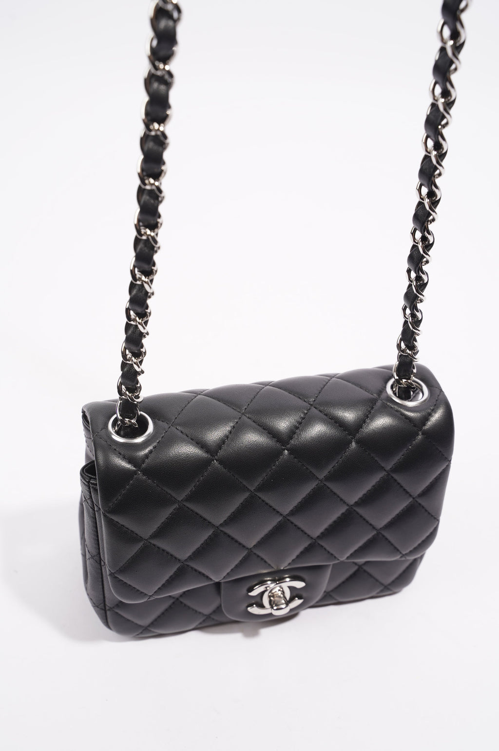 Chanel Womens Lambskin Square Flap Black Leather Mini