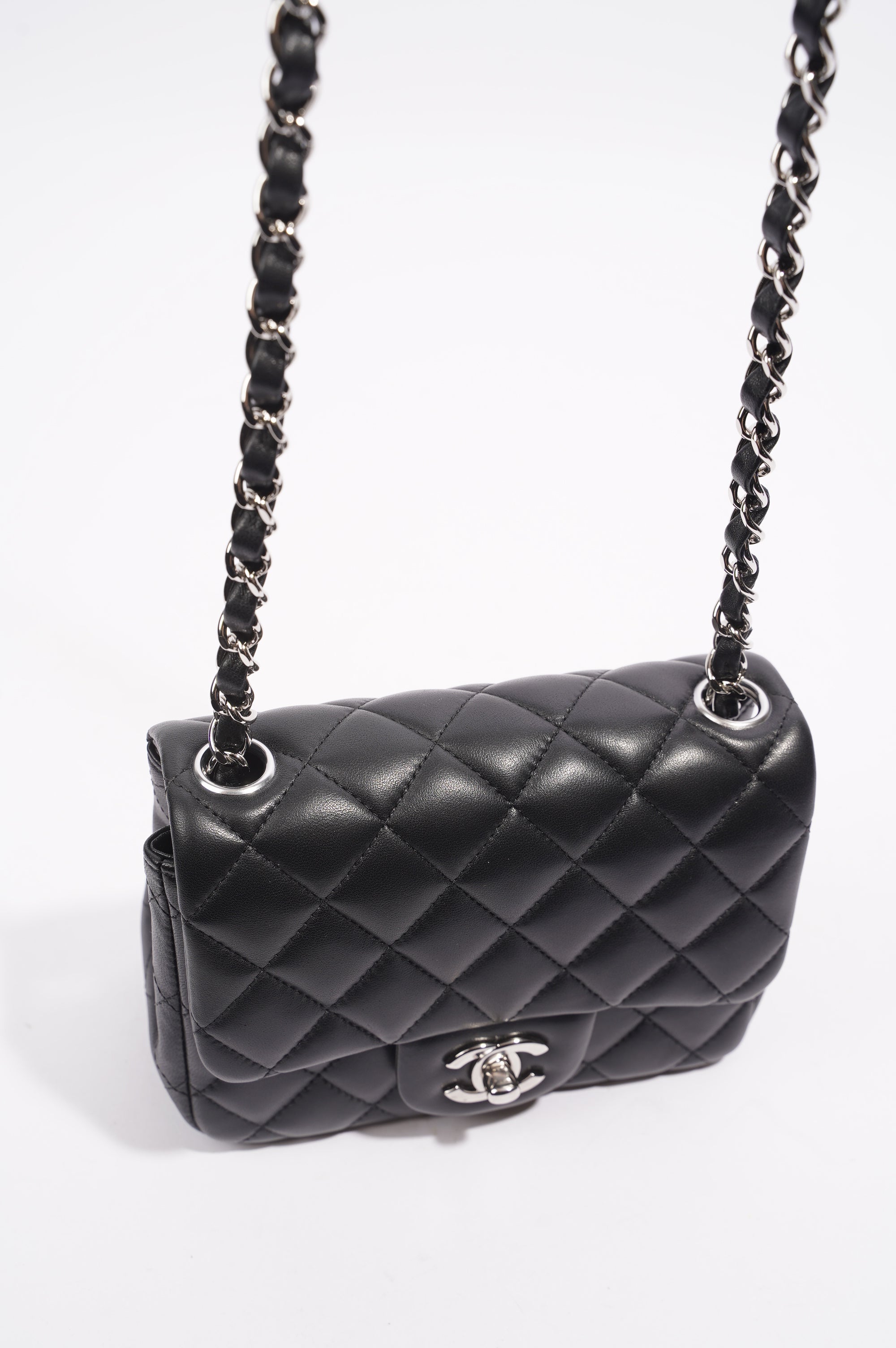 Chanel Womens Lambskin Square Flap Black Leather Mini